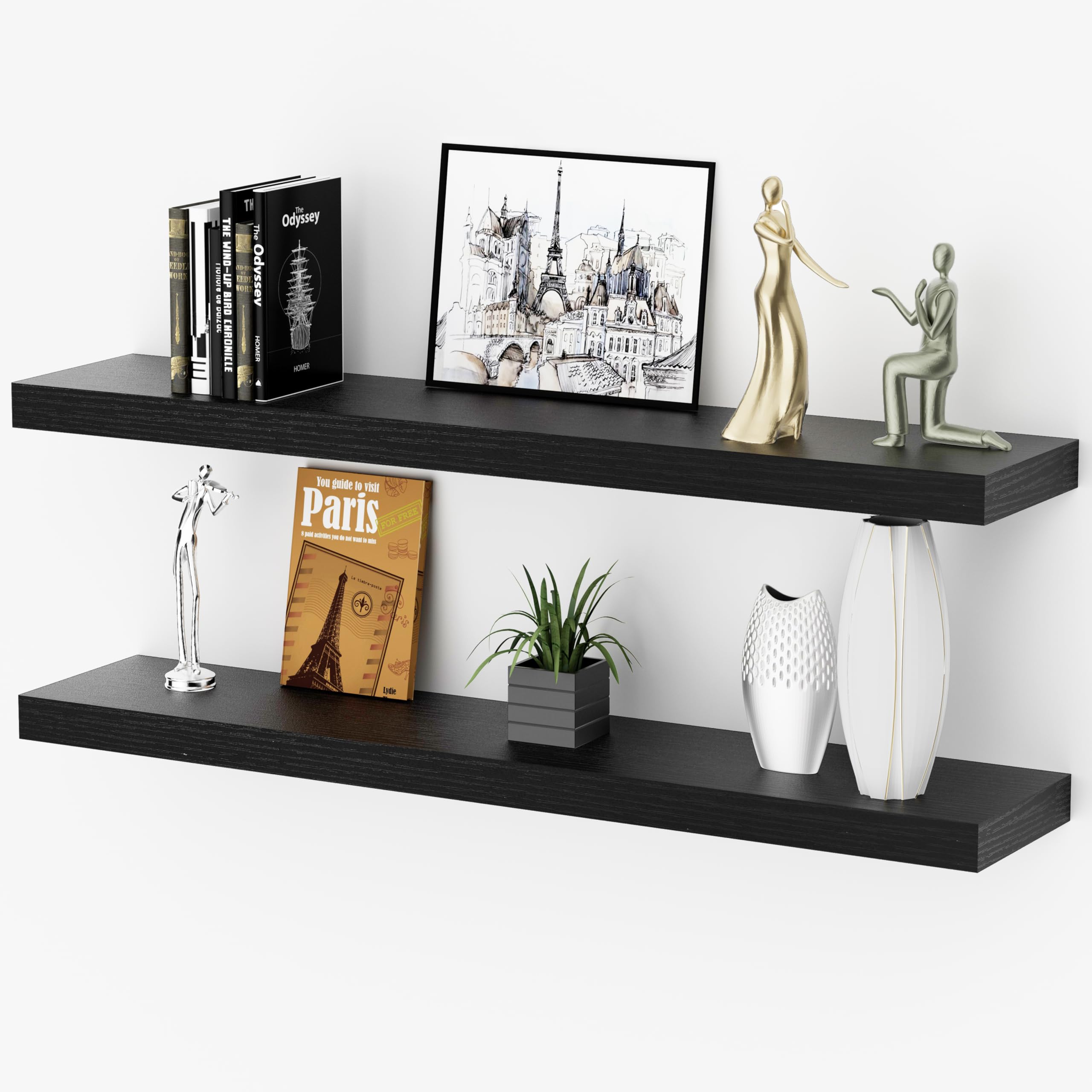 Oak Floating Shelves for Bathroom & Living Room Decor, 24 Inch Rustic Wood Wall Mounted Shelves for Plants, Books, Towels & Storage Display, Set of 2
