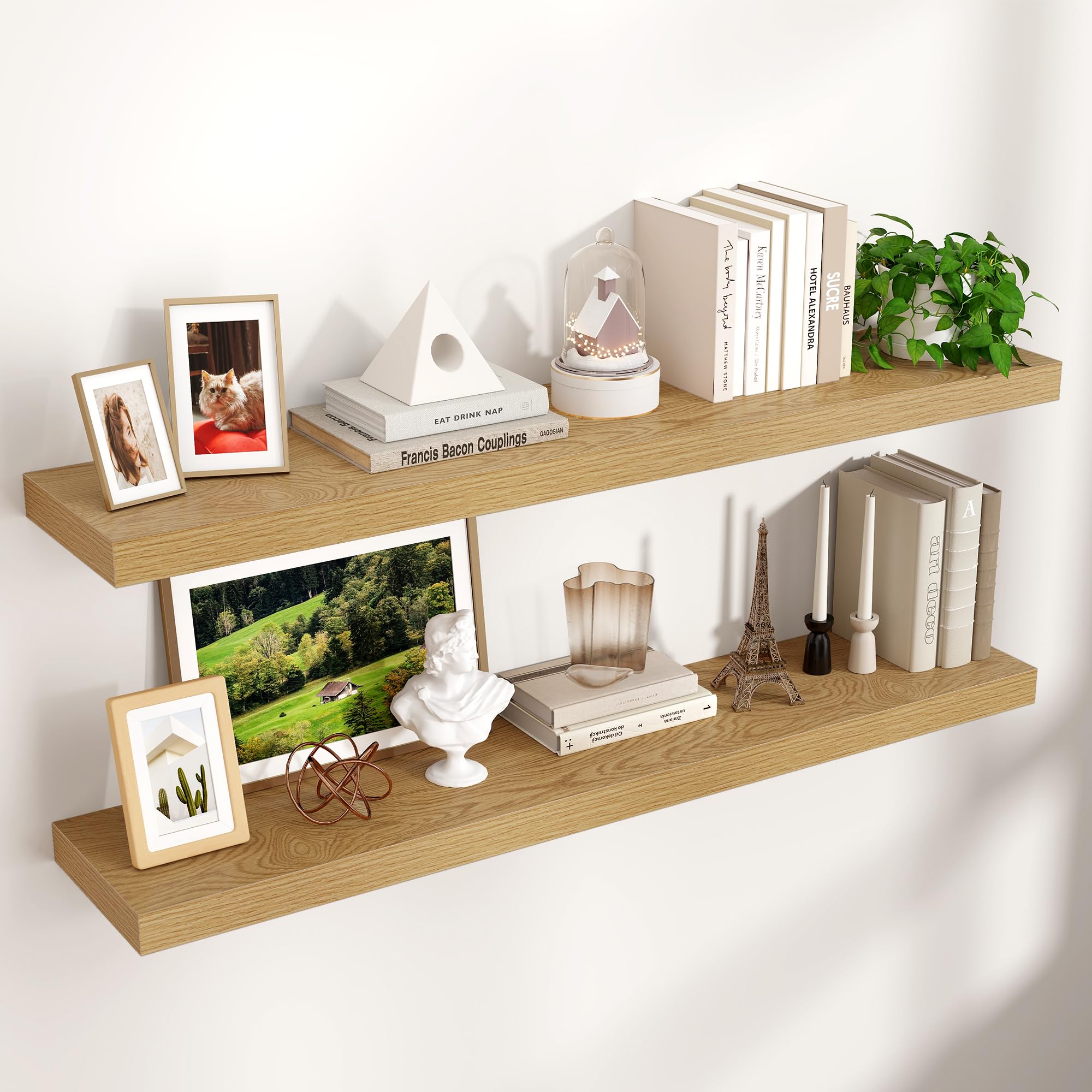 Venusmiles Floating Shelves for Wall 24 inch Long, Engineered Wood Wall Shelves with Invisible Brackets for Living Room Bedroom Bathroom Office Kitchen Decor and Storage, Oak Finish, Set of 2