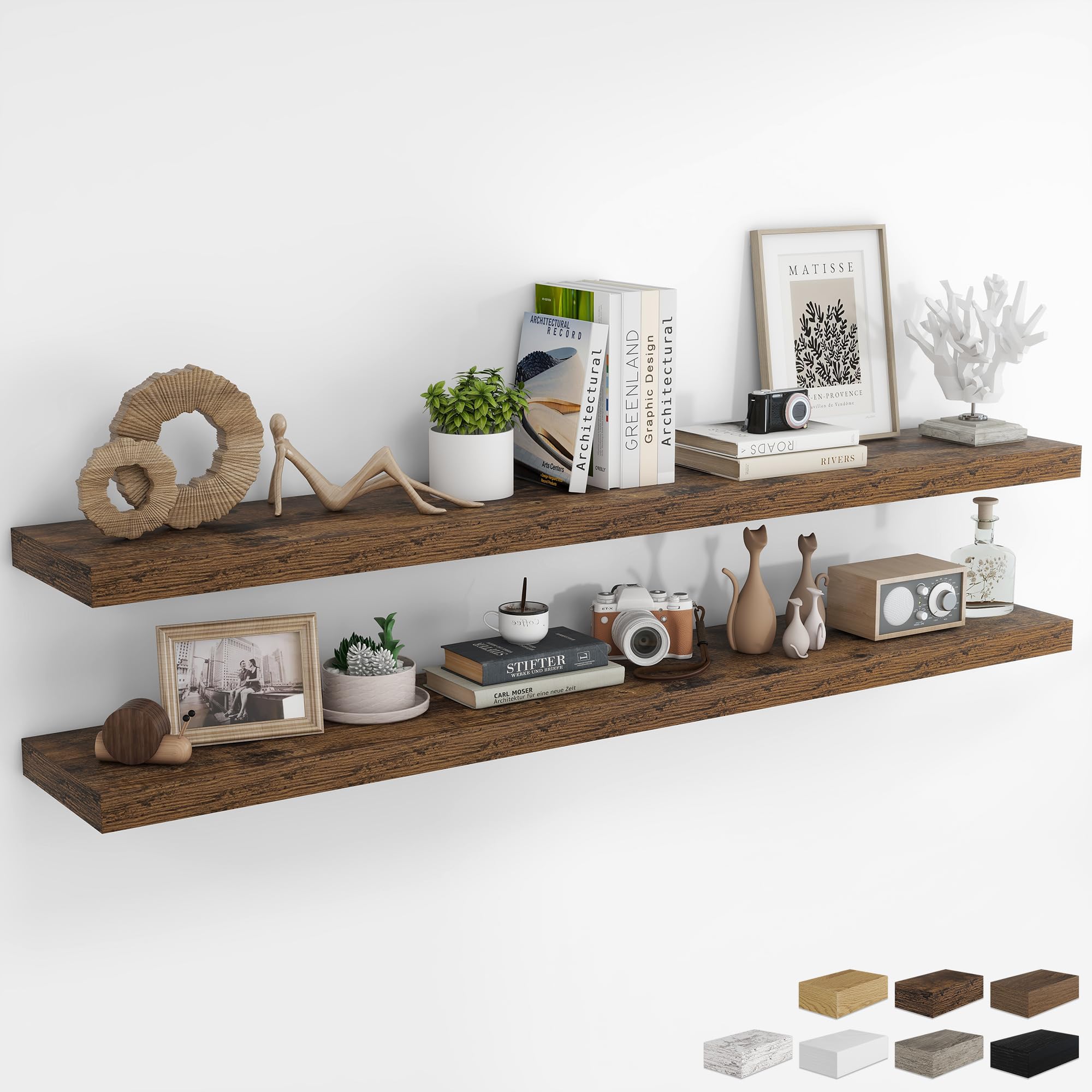 RICHFOCUS 24Inch Floating Shelves for Wall 2 Pack Shelves for Bedroom|Kitchen|Bathroom Wall Mounted Rustic Wood Floating Shelf with Invisible Brackets for Books|Storage|Decor, Oak