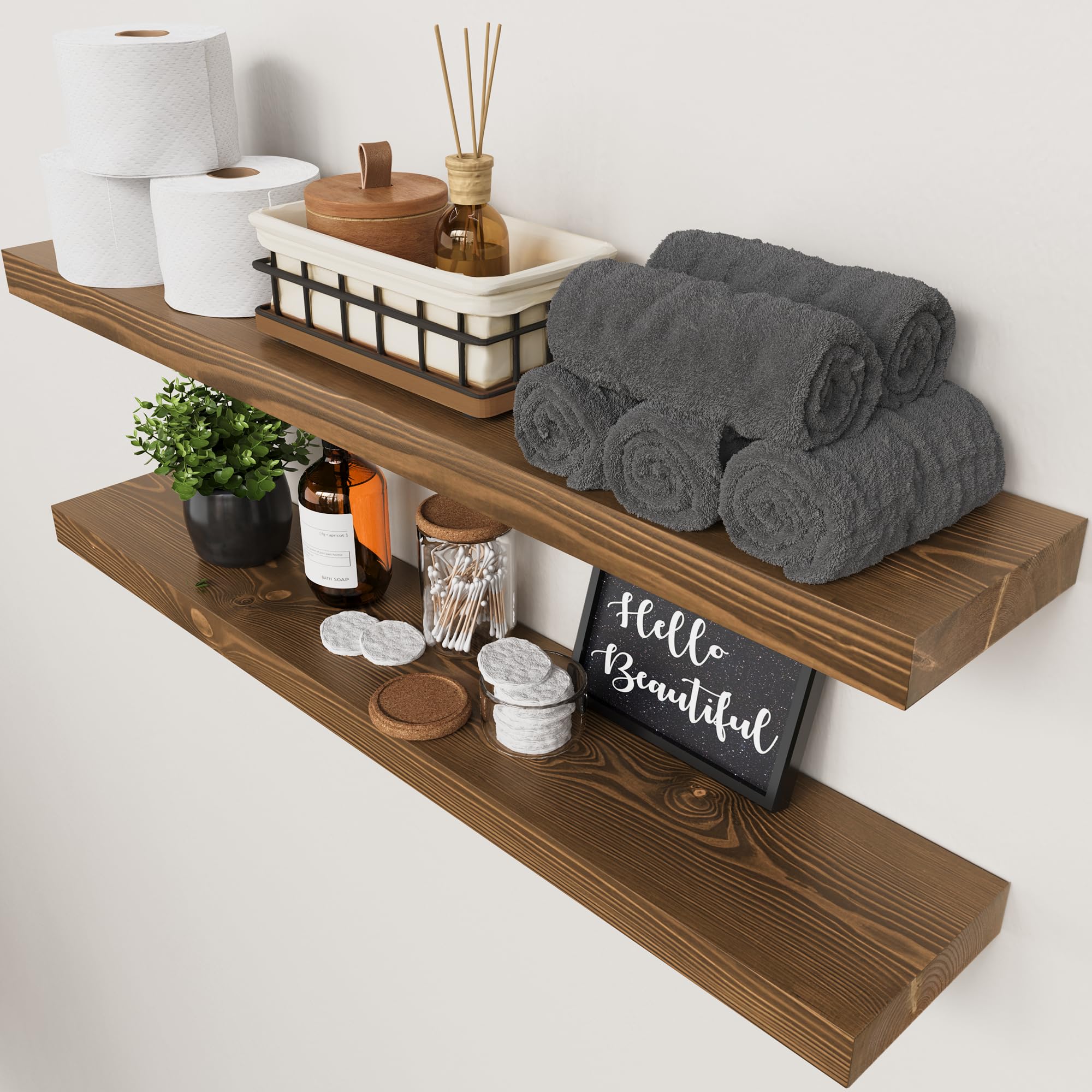 BAOBAB WORKSHOP Wood Floating Shelves for Wall Mounted, 16 inch Walnut Floating Shelf for Bathroom, Solid Wooden Wall Shelves for Kitchen Bedroom Farmhouse, Walnut Finish, 16 x 6.7, Set of 2