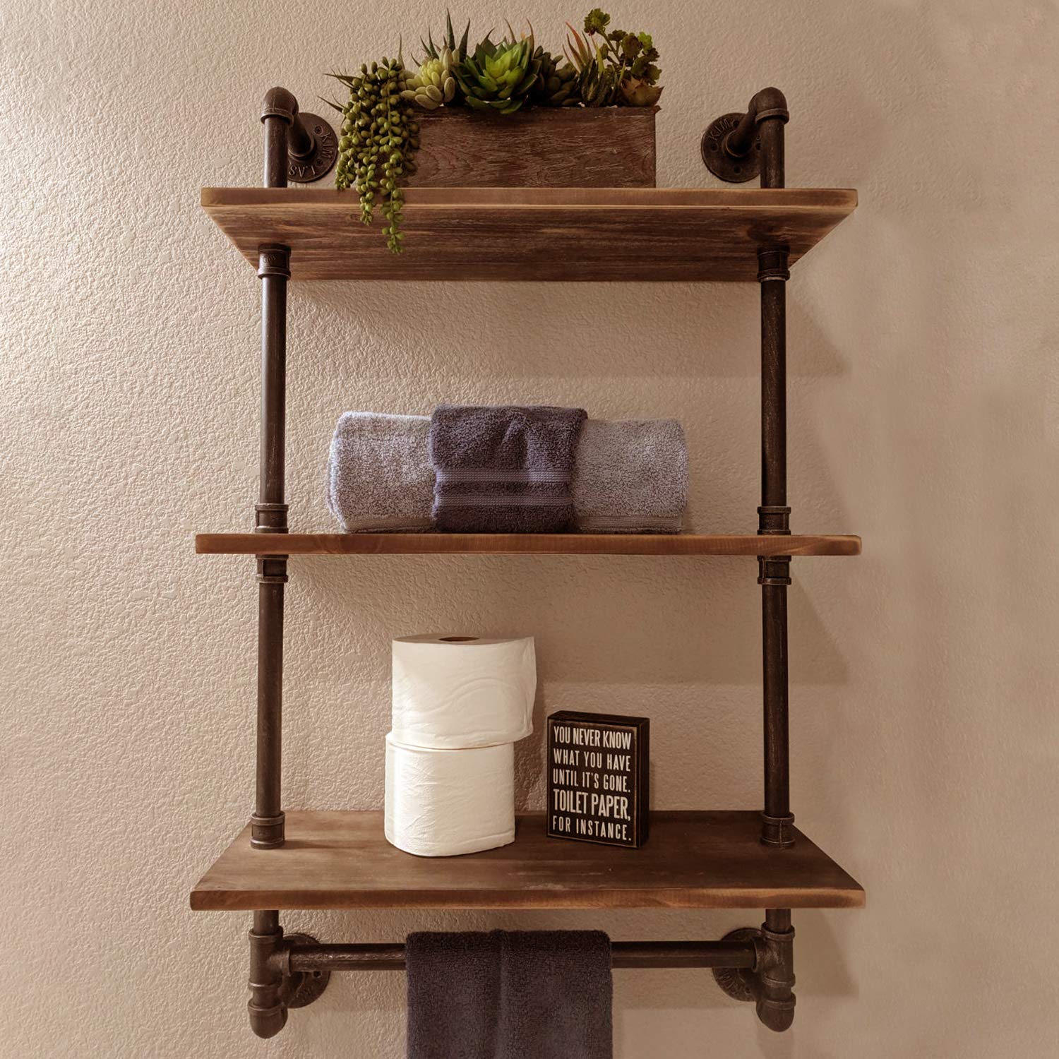 MBQQ Shelving Bathroom Pipe Shelves with Towel Bar Over Toilet, 24 inch Pine Wood Floating Shelves for Wall Mounted Bedroom,Kitchen, Farmhouse, Living Room