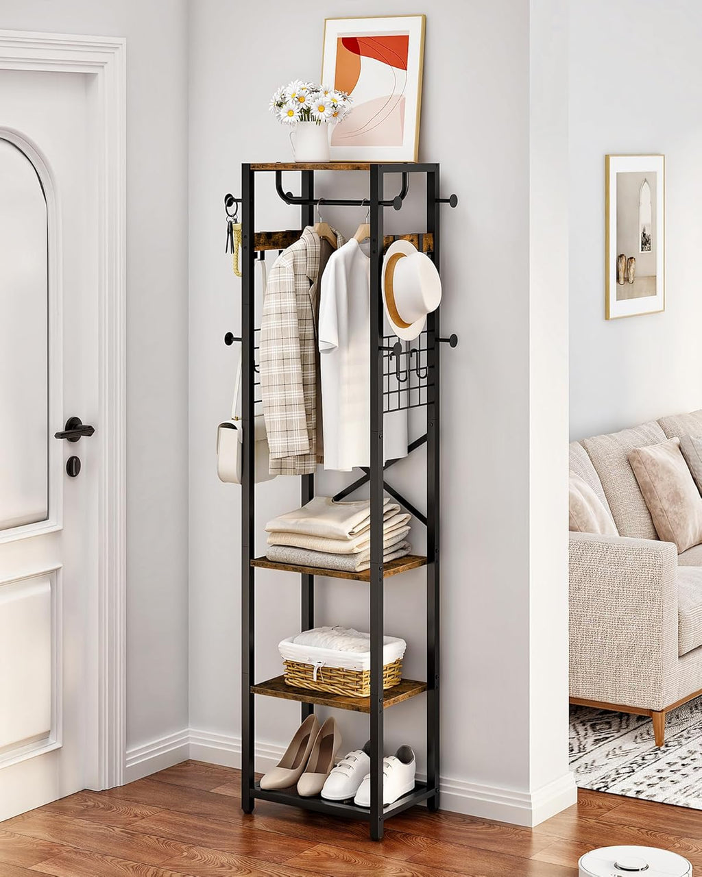 CHOEZON Coat Rack Freestanding, Hall Tree with 3 Storage Shelves, Coat Stand with 16 Hooks and Hanging Rail, Industrial Clothes Stand for Entryway, Hallway, Bedroom, Rustic Brown and Black DTYM18BF