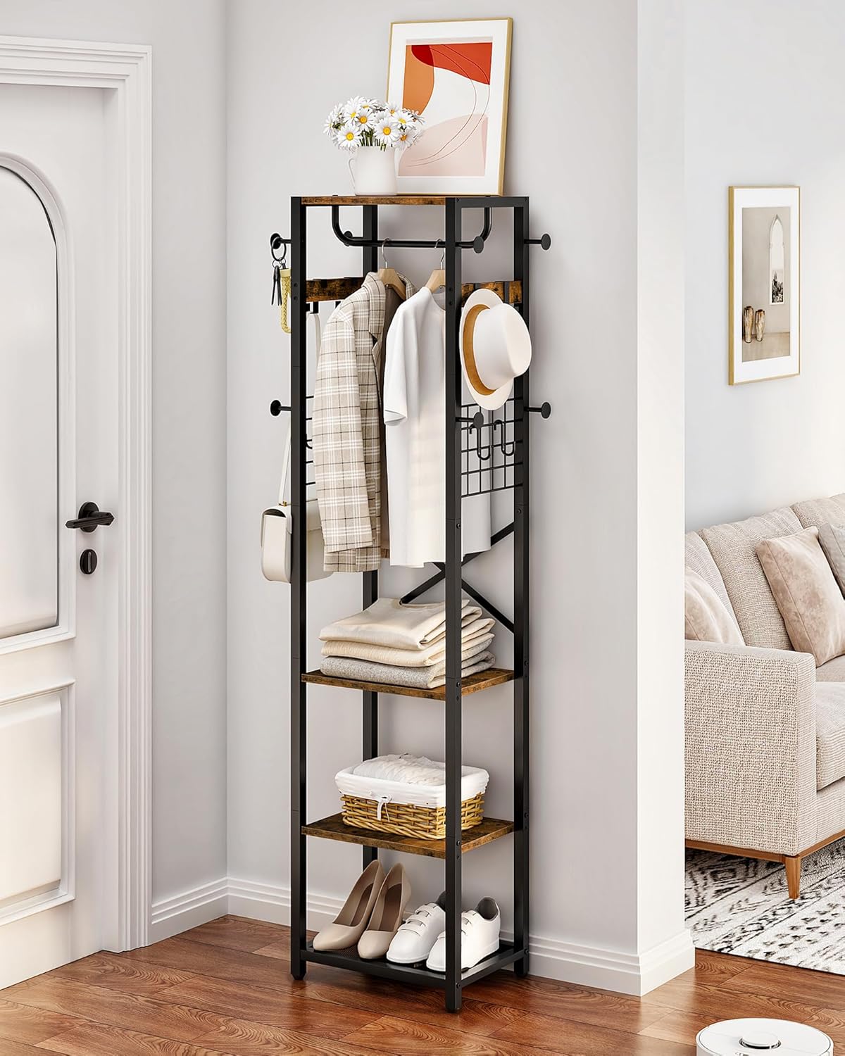 CHOEZON Coat Rack Freestanding, Hall Tree with 3 Storage Shelves, Coat Stand with 16 Hooks and Hanging Rail, Industrial Clothes Stand for Entryway, Hallway, Bedroom, Rustic Brown and Black DTYM18BF