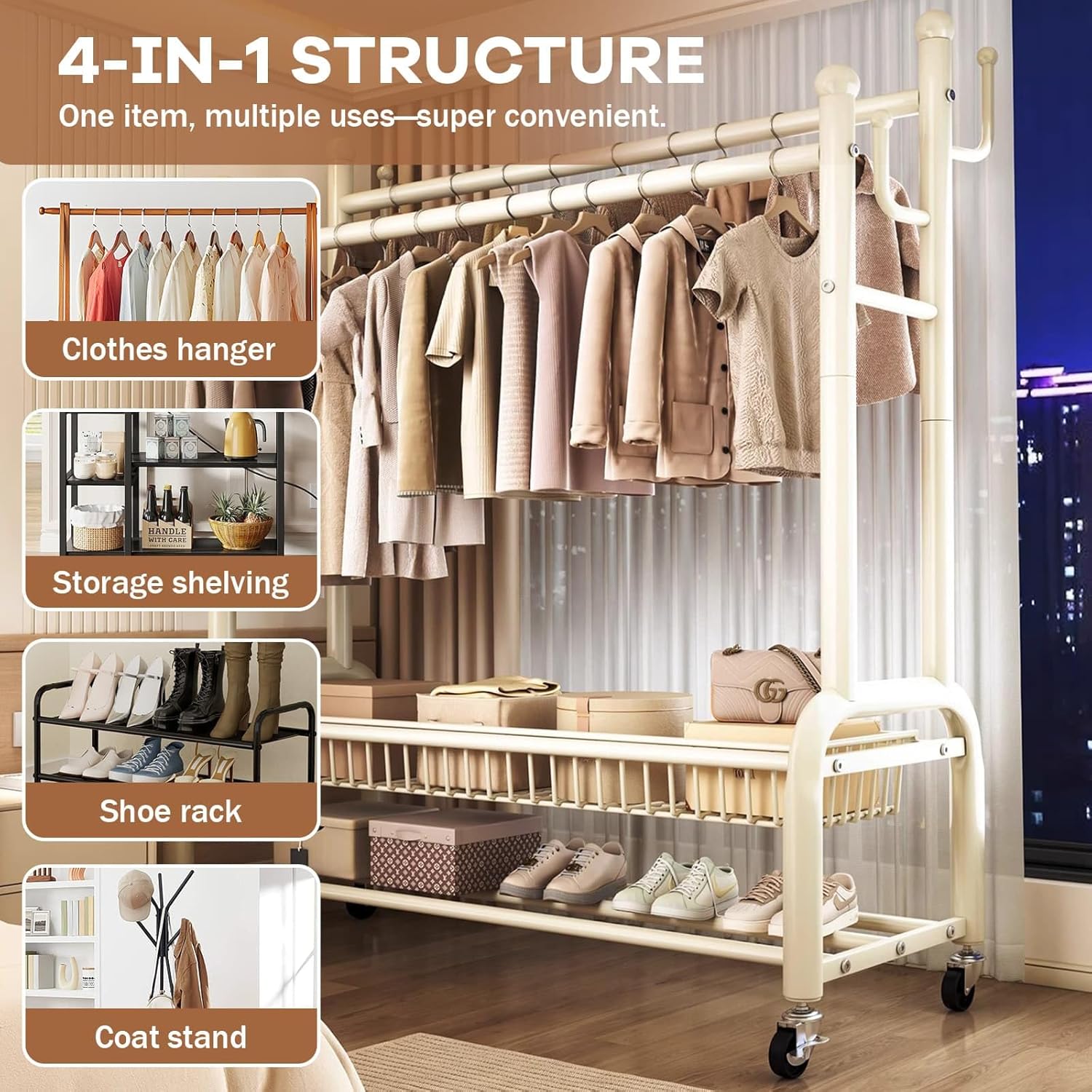 Heavy-Duty Clothes Rail for Bedroom, Double Wardrobe Rail with 4 Hooks, Lockable Metal Wheels, Shoe Rack & Detachable Storage Shelves, Clothing Rack for Laundry Shop Bedroom (White)
