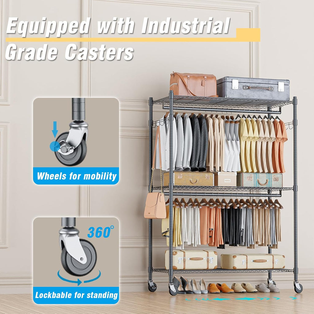 Himimi Double Rod Garment Rack/3 tier Clothes Rail with Height-Adjustable Shelves, Heavy Duty Clothes Rack with 2 Hooks, Clothes Rails with Wheels, 90 * 42 * 205cm, Grey