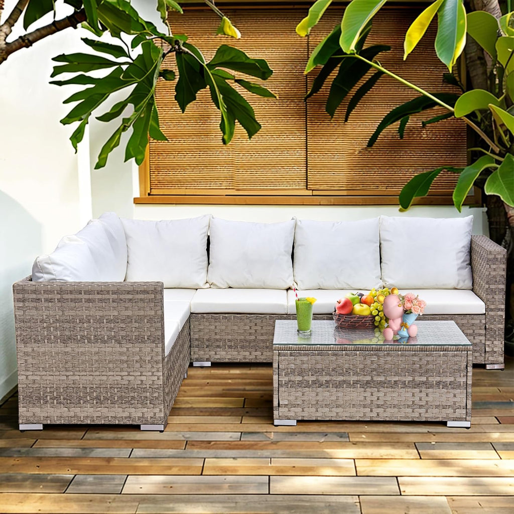 Aweather 6 Seater Rattan Corner Sofa Set Rattan Garden Furniture Set with Modern Glass Coffee Table and Washable Cushions (Cream)