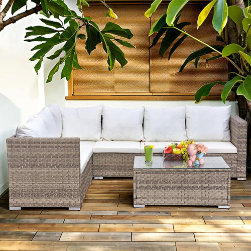 Aweather 6 Seater Rattan Corner Sofa Set Rattan Garden Furniture Set with Modern Glass Coffee Table and Washable Cushions (Cream)