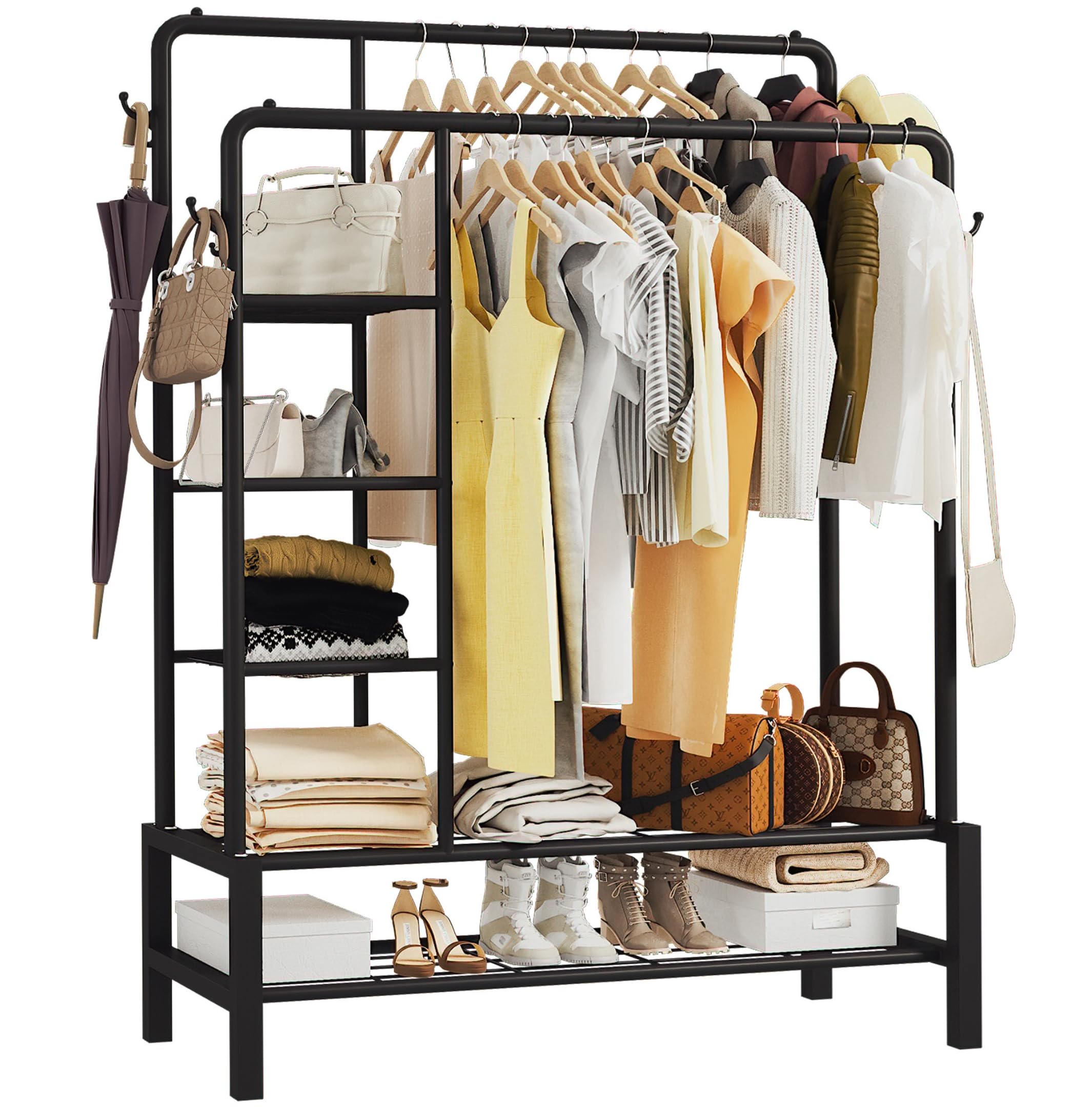 Klass Home Collection Heavy Duty Clothes Rail, 120KG White Metal Rack With Double Hanging Clothing Rail, Shoe Rack, Storage Shelves & 4 Coat Hooks, Wardrobe Clothes Rails For Bedroom Office Shop