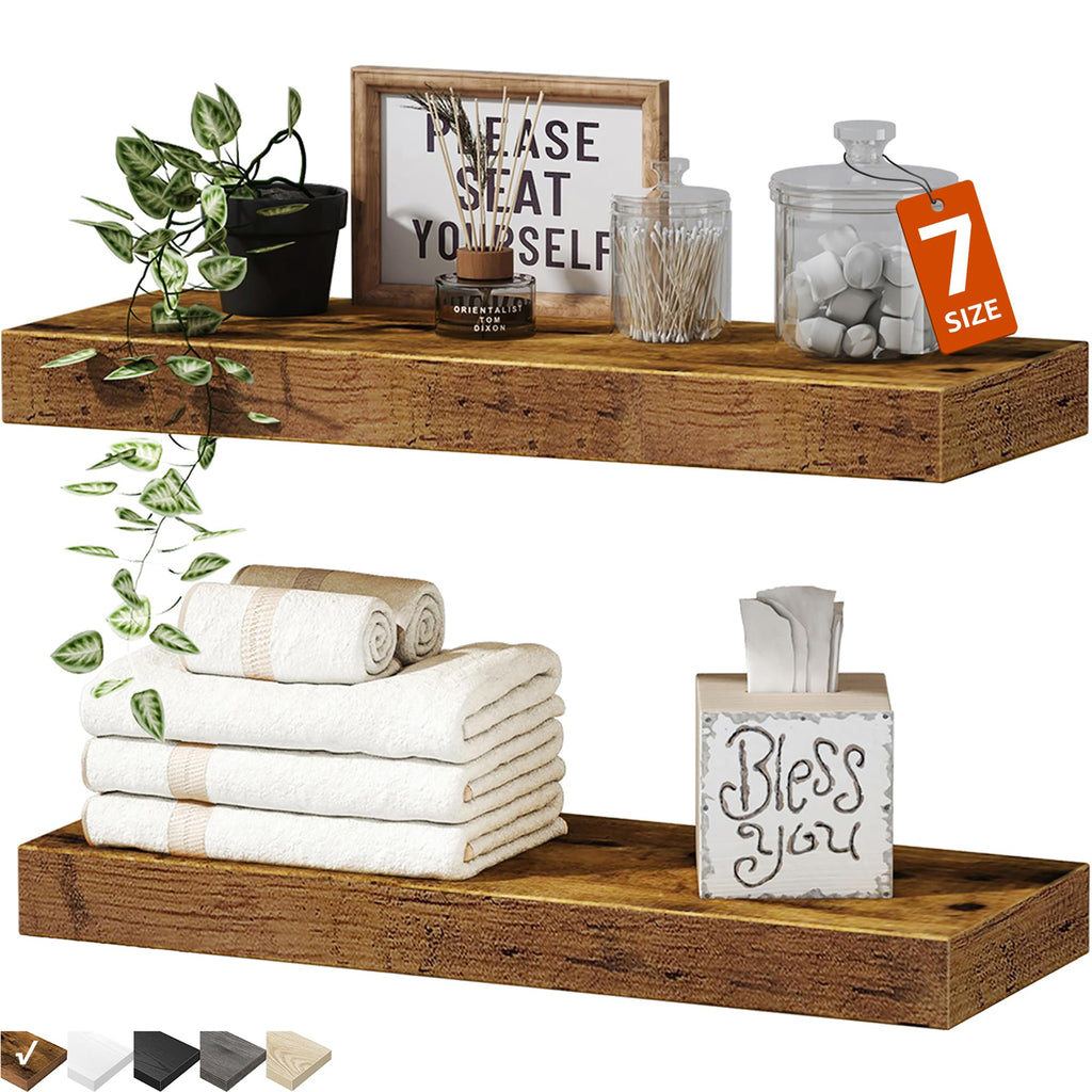 QEEIG Floating Shelves for Wall 23.6" Long - Wall Mounted Shelf Bathroom Kitchen Living Room Bedroom Farmhouse Home Decor Display Bookshelf Set of 2, Rustic Brown (008-60BN)