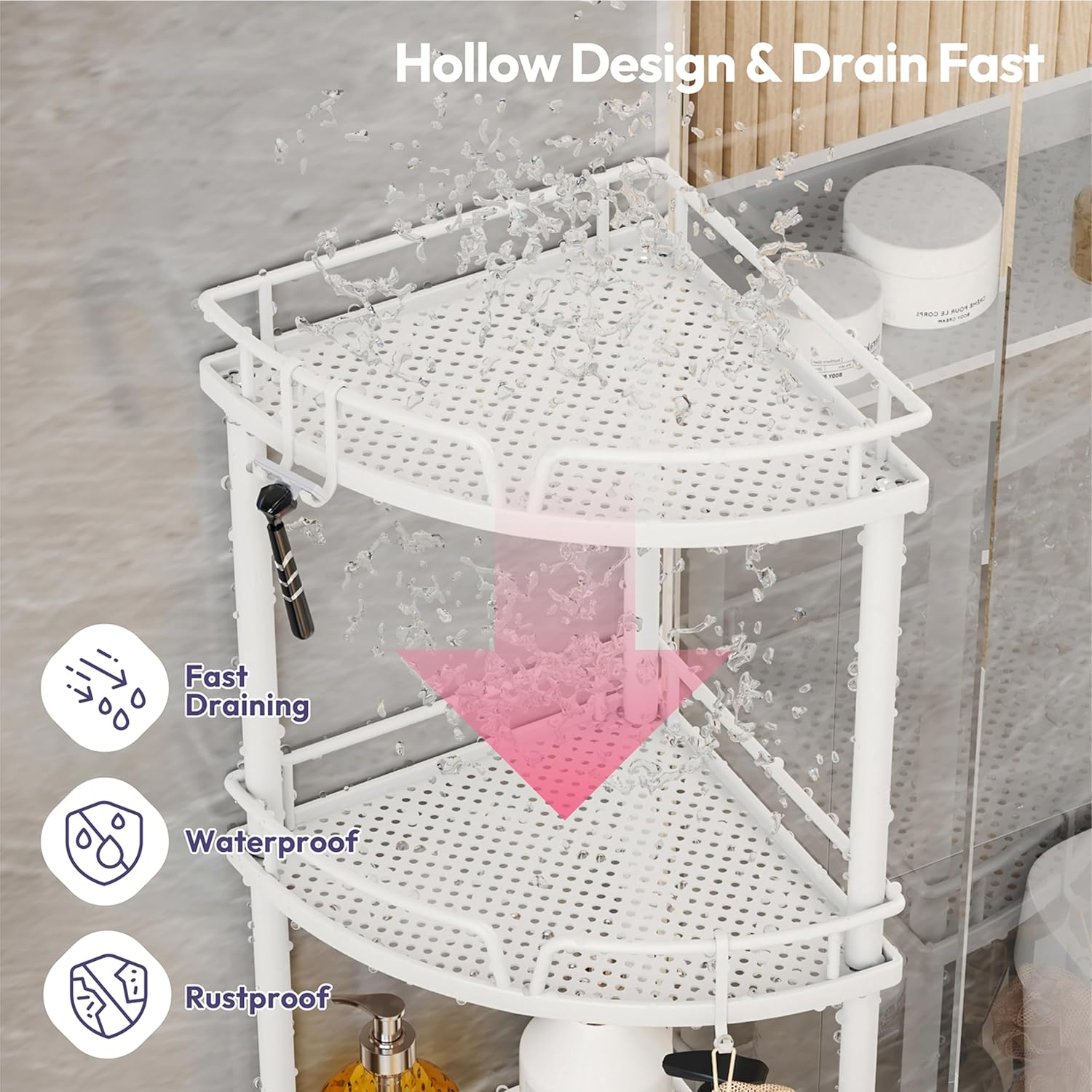 SWTYMIKI Corner Shower Caddy - 3 Tier Shower Corner Shelf Organizer with 4 Hooks, Rust-Free Freestanding Caddy with Soap Holder, Storage Rack for Bathroom, White
