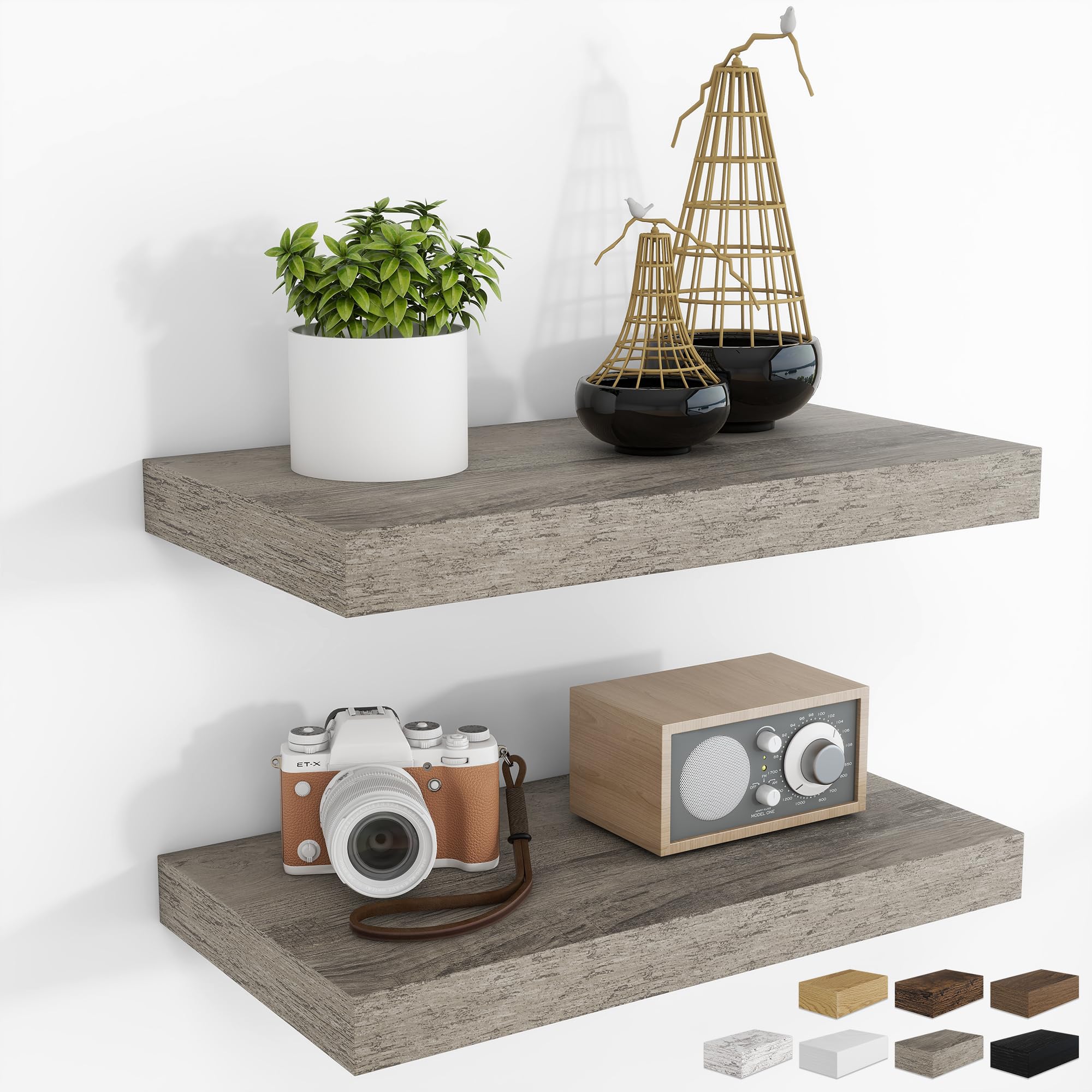 RICHFOCUS 24Inch Floating Shelves for Wall 2 Pack Shelves for Bedroom|Kitchen|Bathroom Wall Mounted Rustic Wood Floating Shelf with Invisible Brackets for Books|Storage|Decor, Oak