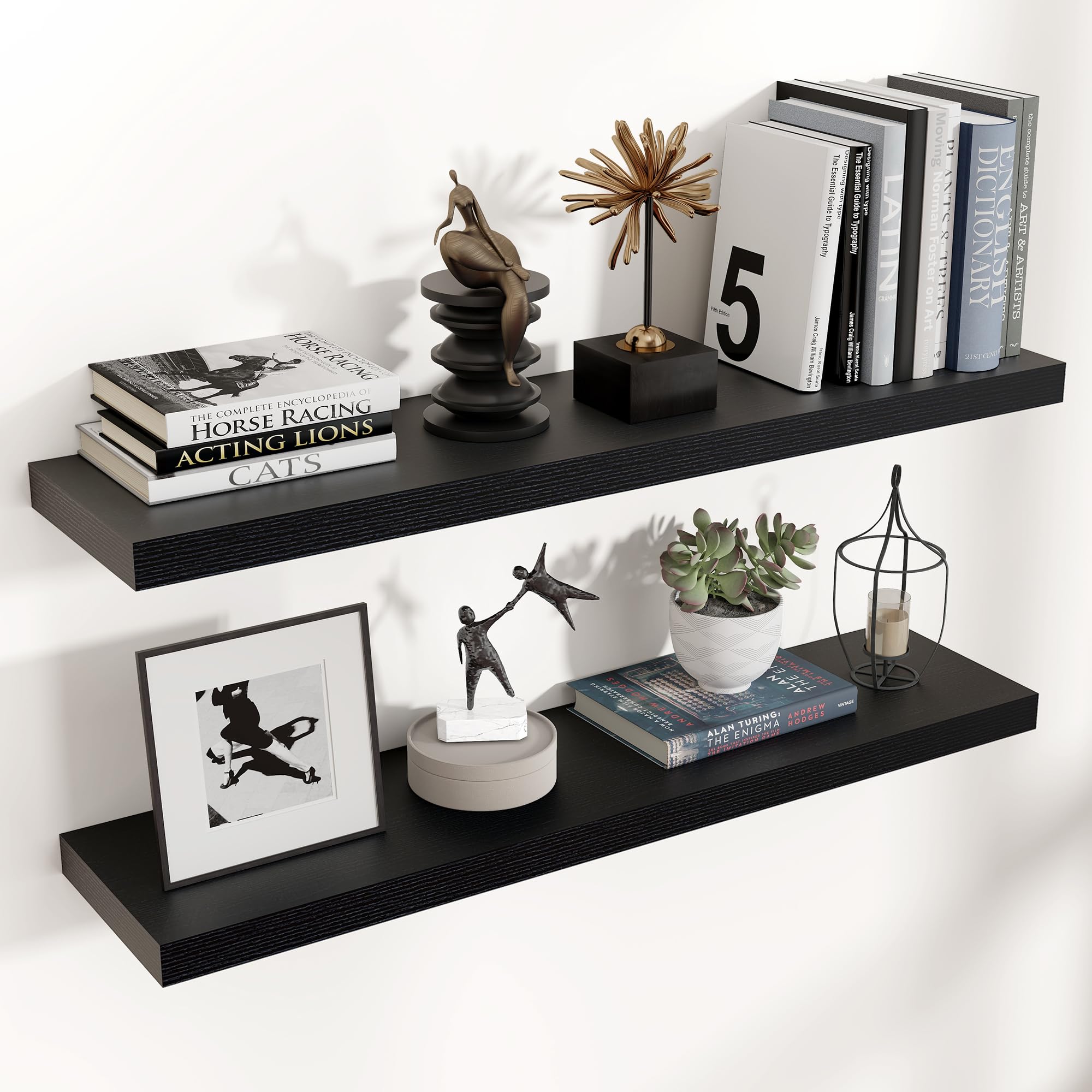Venusmiles Floating Shelves for Wall 24 inch Long, Engineered Wood Wall Shelves with Invisible Brackets for Living Room Bedroom Bathroom Office Kitchen Decor and Storage, Oak Finish, Set of 2