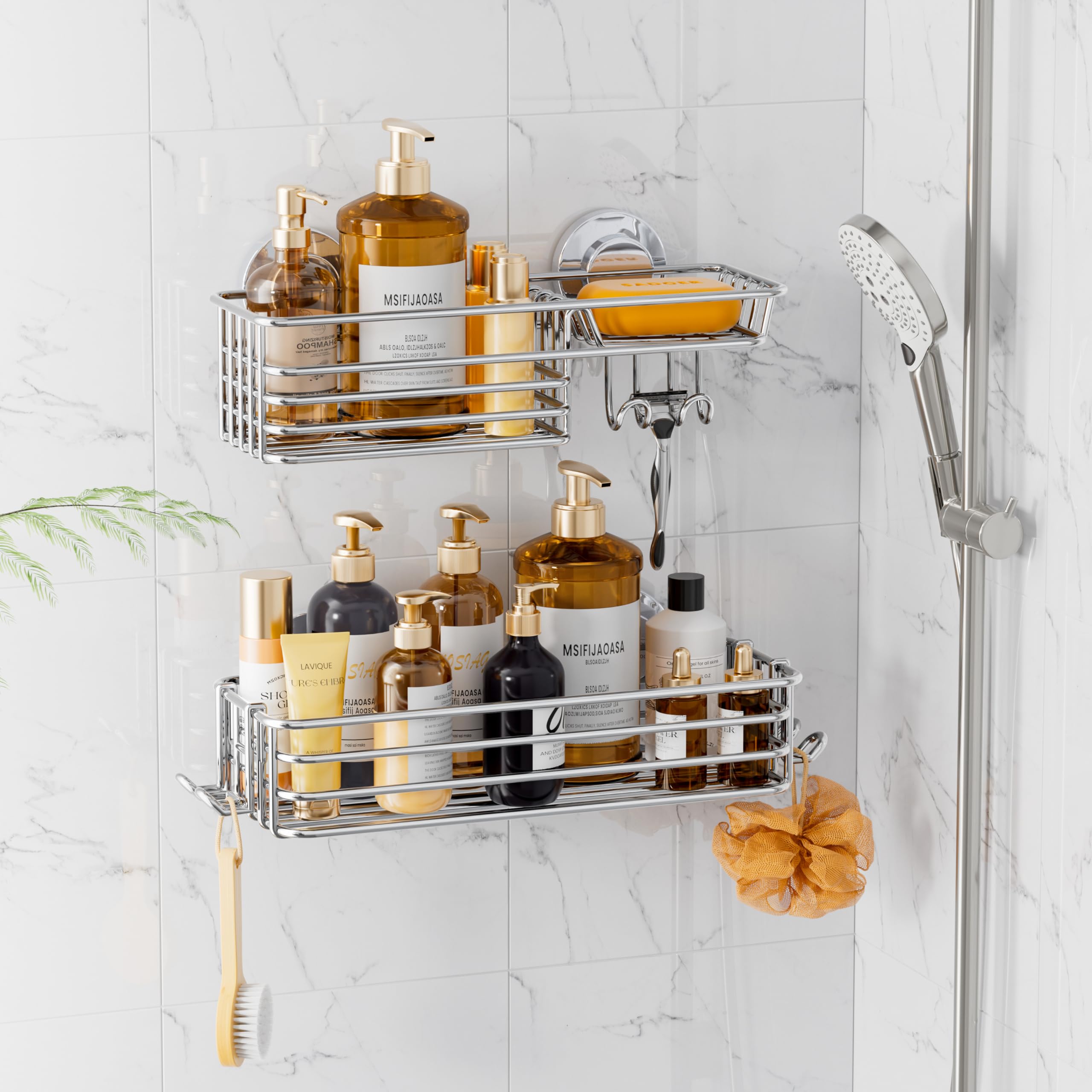 LEVERLOC Shower Caddy Suction Cup, 2 Pack Shower Shelves for Inside Shower with Hooks & Soap Holder, NO-Drilling Bathroom Shower Organizer, Rustproof Meatl Shower Holder Storage, Silver