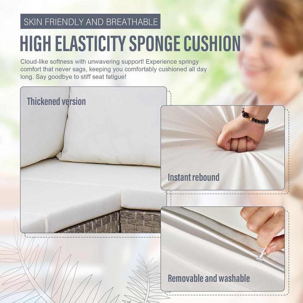 Aweather 6 Seater Rattan Corner Sofa Set Rattan Garden Furniture Set with Modern Glass Coffee Table and Washable Cushions (Cream)