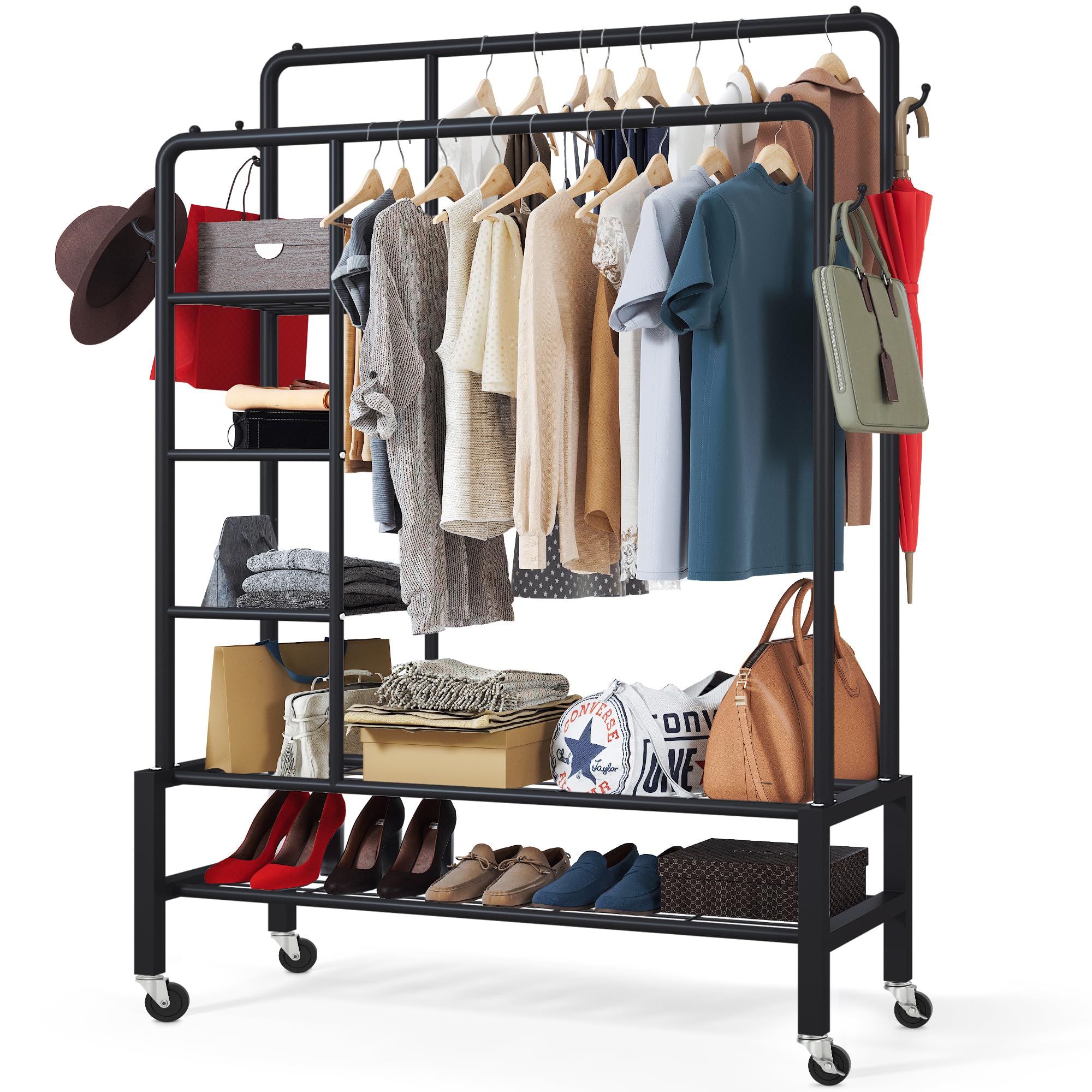 Klass Home Collection Heavy Duty Clothes Rail, 120KG White Metal Rack With Double Hanging Clothing Rail, Shoe Rack, Storage Shelves & 4 Coat Hooks, Wardrobe Clothes Rails For Bedroom Office Shop