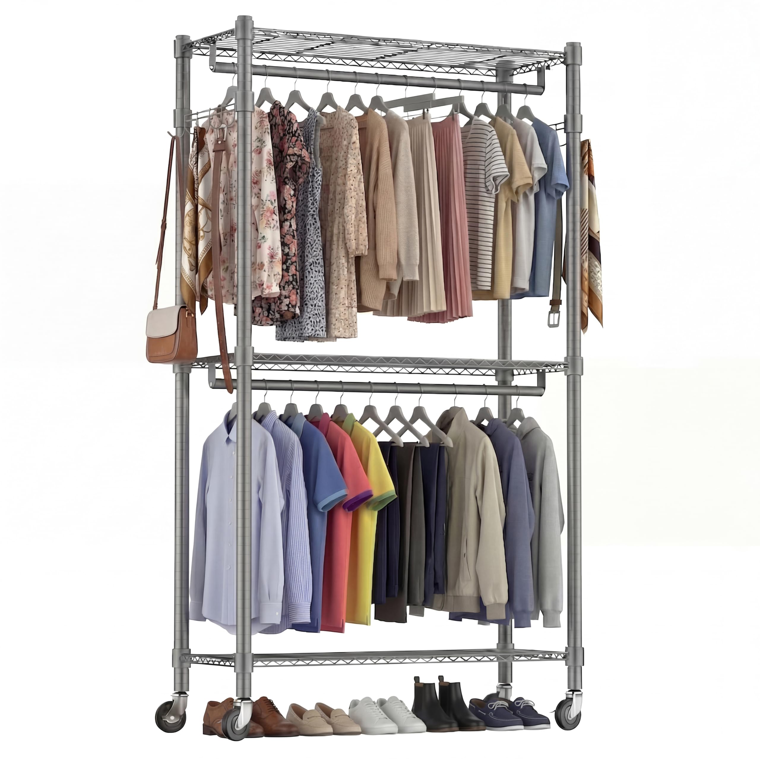 Himimi Double Rod Garment Rack/Clothes Rail with Height-Adjustable Shelves, Heavy Duty Clothes Rack with 2 Hooks, Clothes Rails with Wheels, 90 * 42 * 205cm, Black