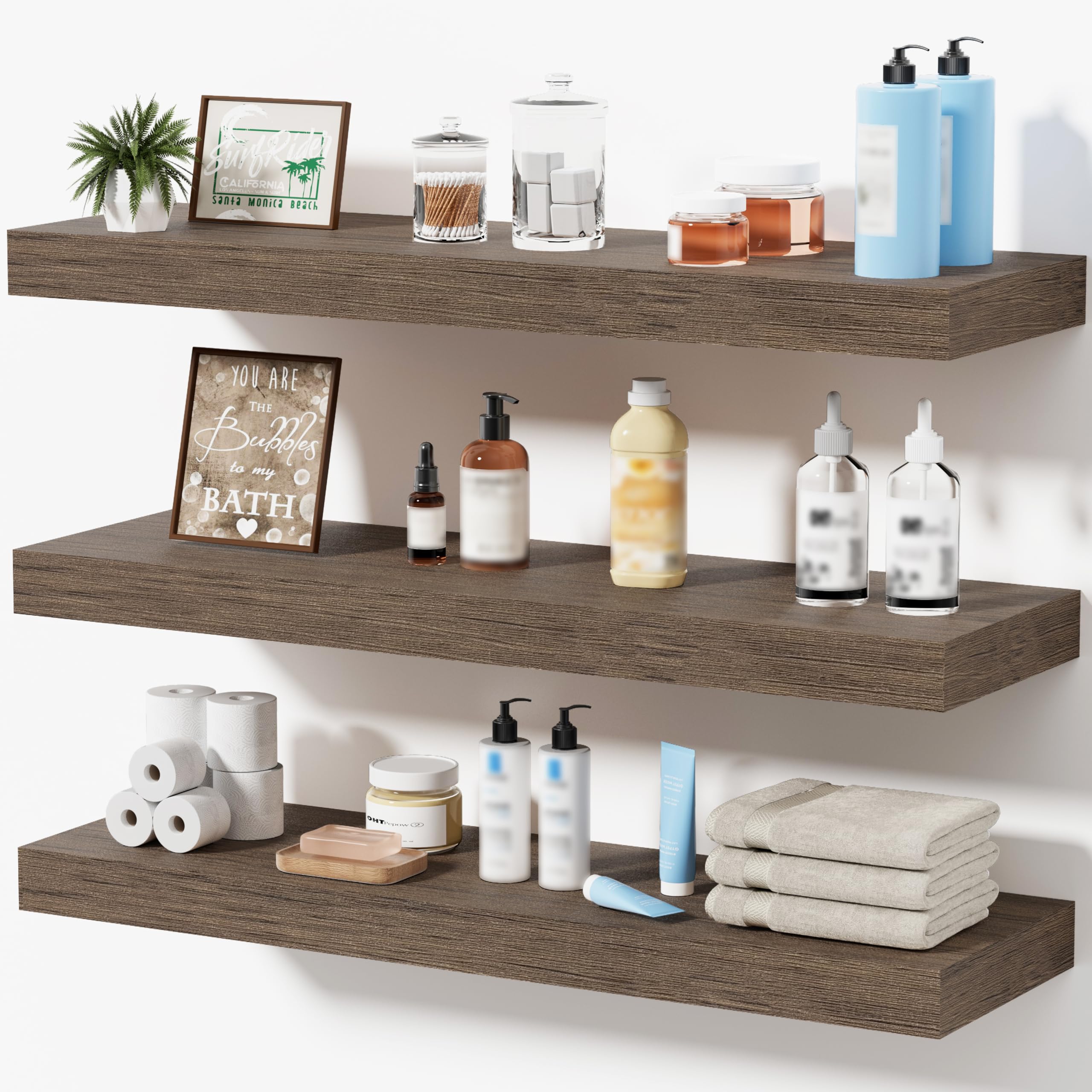 Oak Floating Shelves for Bathroom & Living Room Decor, 24 Inch Rustic Wood Wall Mounted Shelves for Plants, Books, Towels & Storage Display, Set of 2