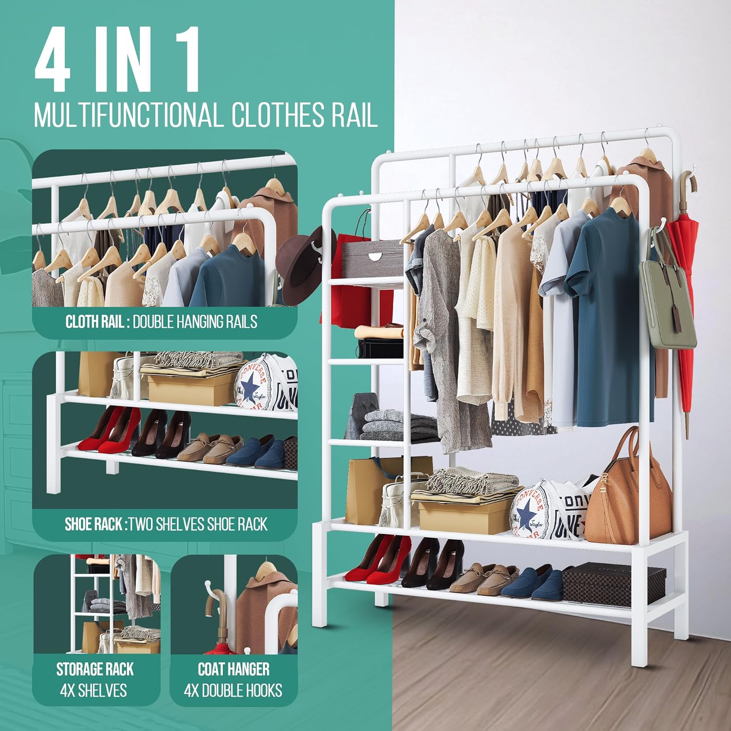 Klass Home Collection Heavy Duty Clothes Rail, 120KG White Metal Rack With Double Hanging Clothing Rail, Shoe Rack, Storage Shelves & 4 Coat Hooks, Wardrobe Clothes Rails For Bedroom Office Shop