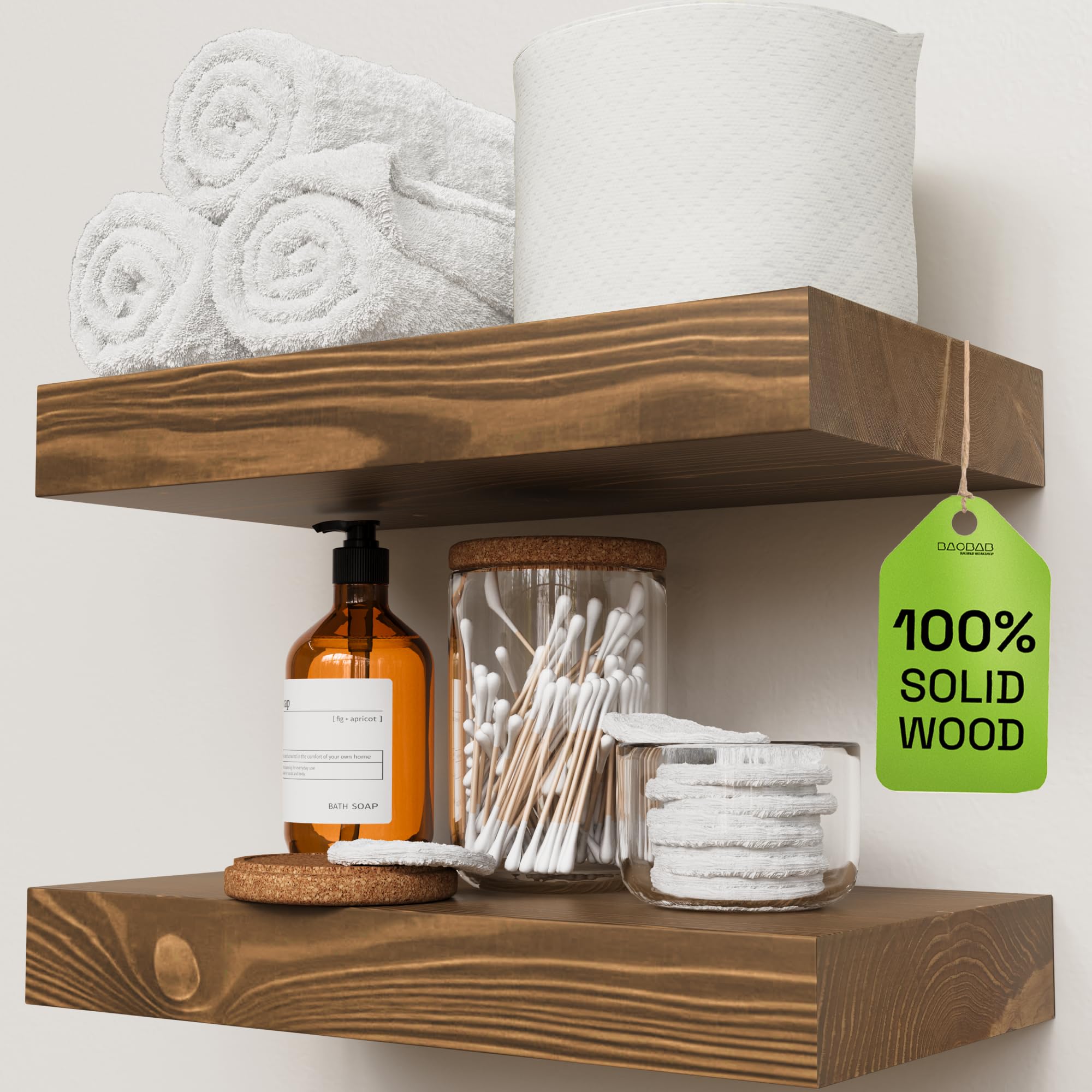 BAOBAB WORKSHOP Wood Floating Shelves for Wall Mounted, 16 inch Walnut Floating Shelf for Bathroom, Solid Wooden Wall Shelves for Kitchen Bedroom Farmhouse, Walnut Finish, 16 x 6.7, Set of 2