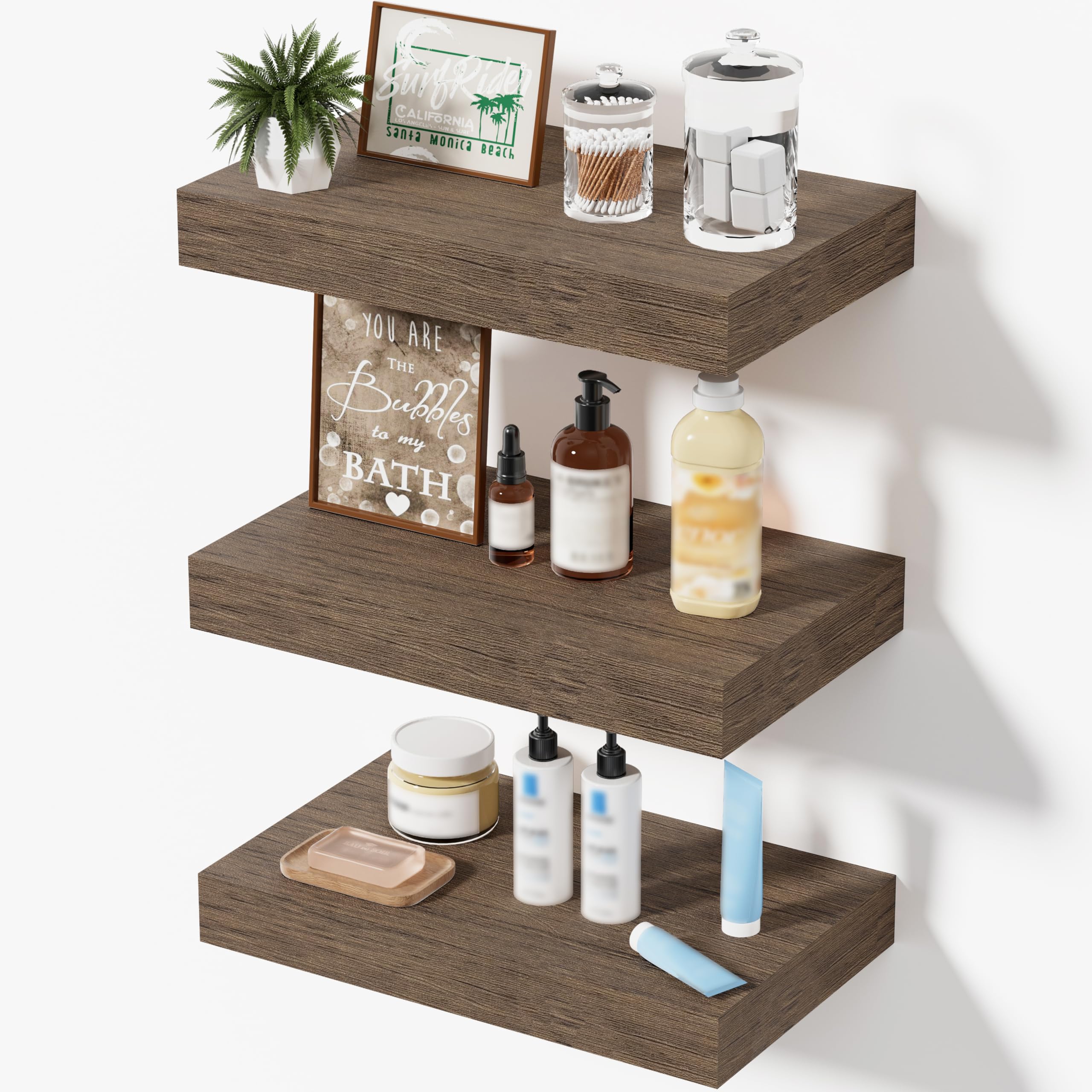 Oak Floating Shelves for Bathroom & Living Room Decor, 24 Inch Rustic Wood Wall Mounted Shelves for Plants, Books, Towels & Storage Display, Set of 2