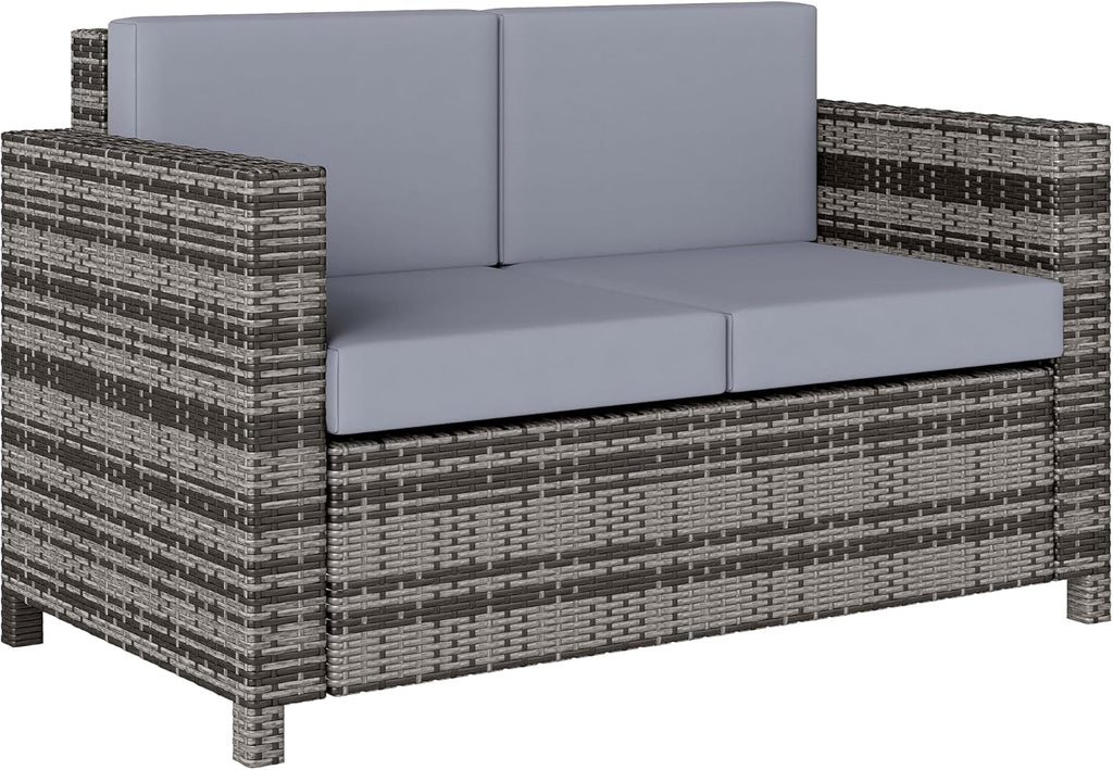 Outsunny Rattan Sofa, 2 Seater Garden Furniture with Soft Padded Cushion and Armrests, Wicker Garden Loveseat for Patio, Mixed Grey