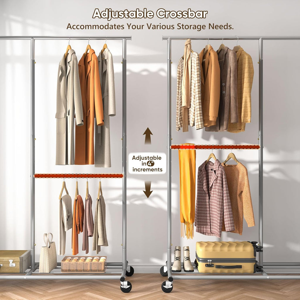 REIBII Double Rod Clothes Rail with Lockable Wheels & Adjustable Shelf – 136kg Heavy Duty Hanging Rack for Clothes– Telescopic Extends to 175cm – Space-Saving Storage for Bedroom, University Dorm