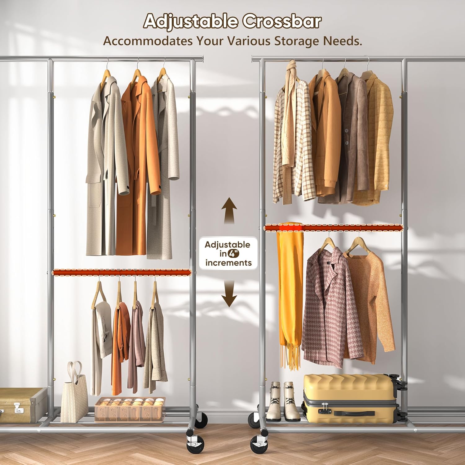 REIBII Double Rod Clothes Rail with Lockable Wheels & Adjustable Shelf – 136kg Heavy Duty Hanging Rack for Clothes– Telescopic Extends to 175cm – Space-Saving Storage for Bedroom, University Dorm