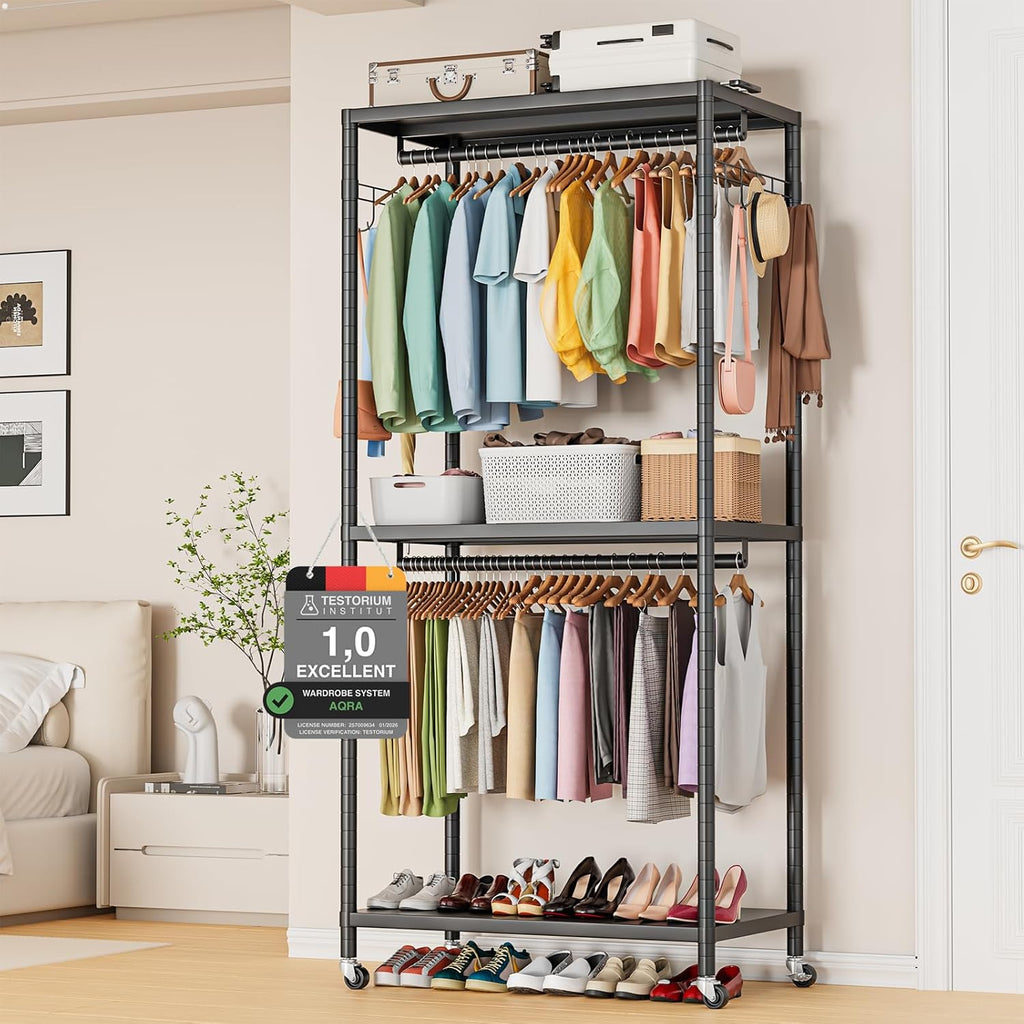 Black 2-Tier Heavy Duty Clothes Rack, 200cm with Adjustable Shelves, Double Rods & Side Hooks, 440lbs Load Capacity