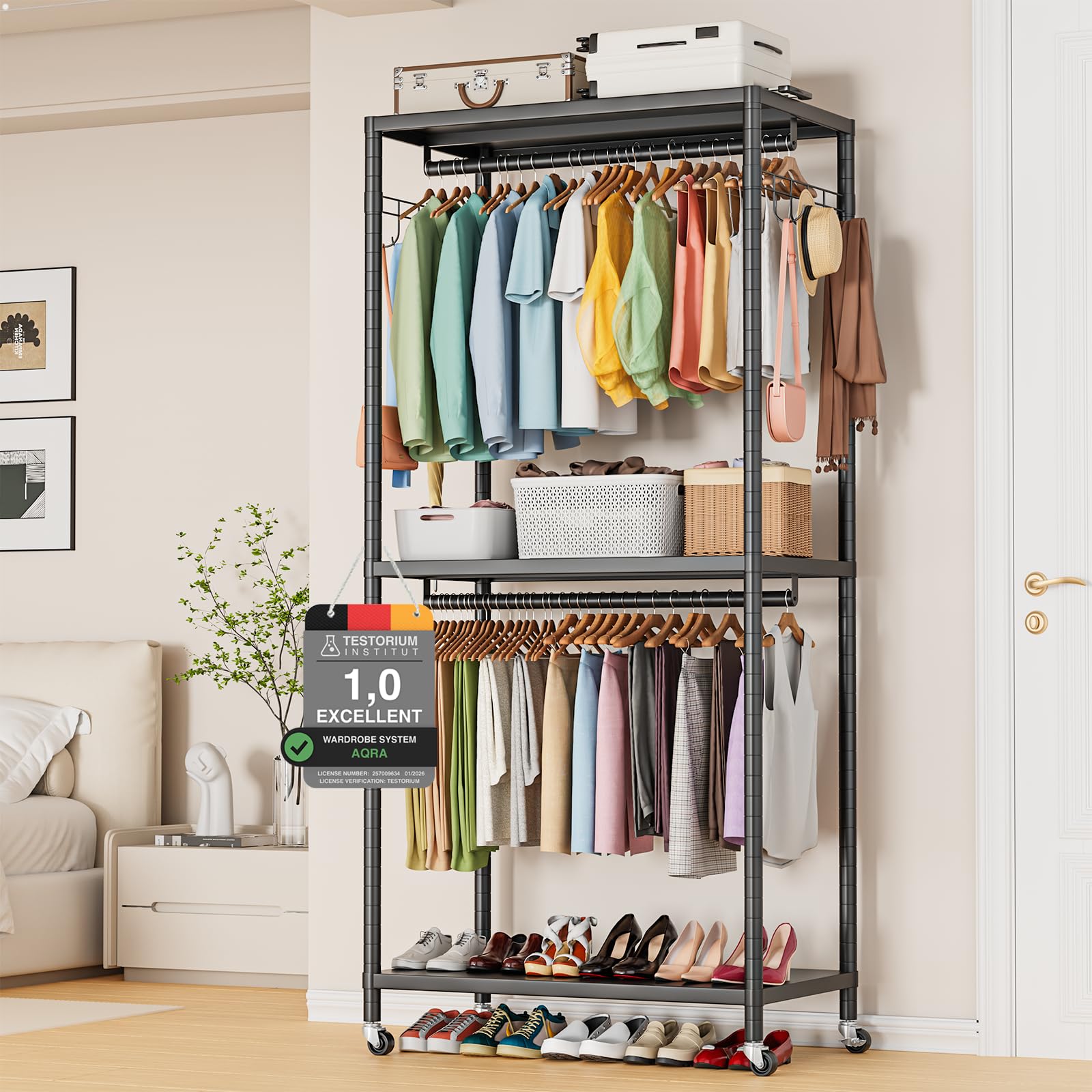 Black 2-Tier Heavy Duty Clothes Rack, 200cm with Adjustable Shelves, Double Rods & Side Hooks, 440lbs Load Capacity