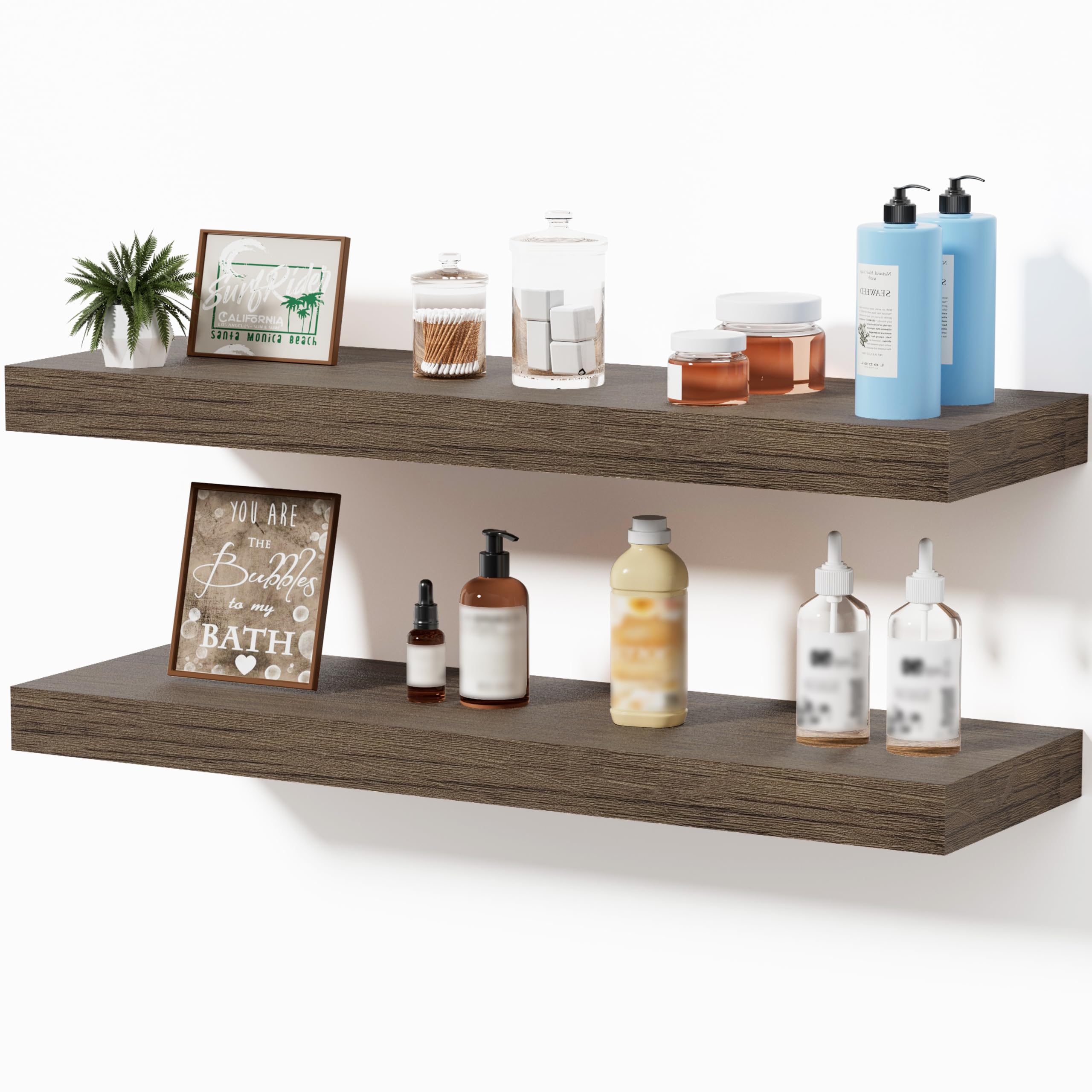 Oak Floating Shelves for Bathroom & Living Room Decor, 24 Inch Rustic Wood Wall Mounted Shelves for Plants, Books, Towels & Storage Display, Set of 2