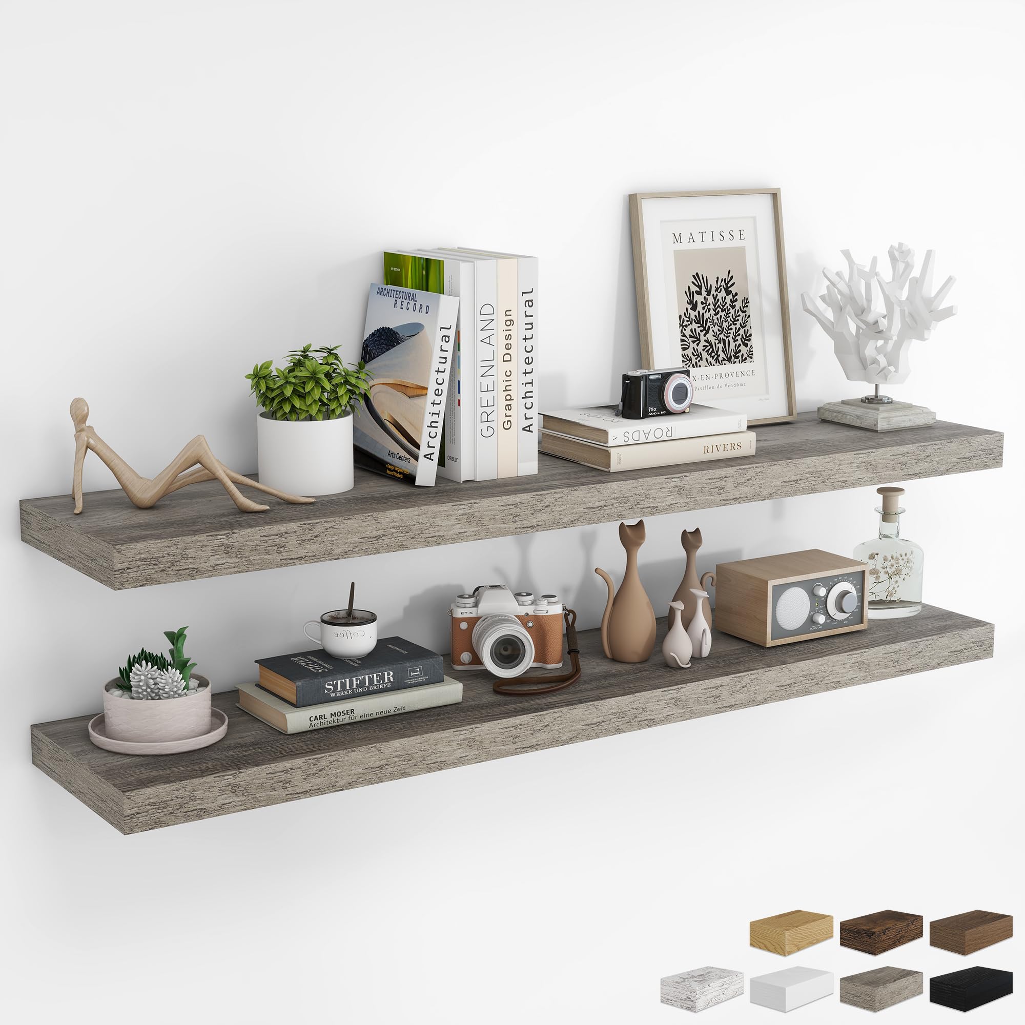 RICHFOCUS 24Inch Floating Shelves for Wall 2 Pack Shelves for Bedroom|Kitchen|Bathroom Wall Mounted Rustic Wood Floating Shelf with Invisible Brackets for Books|Storage|Decor, Oak