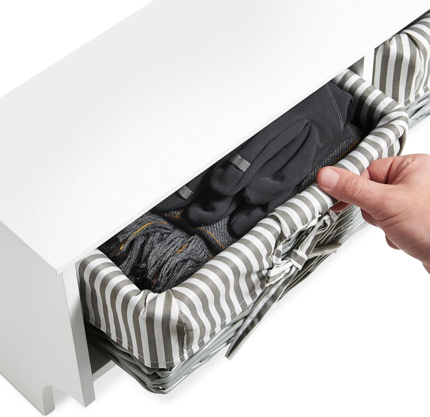 VonHaus Coat Hooks Wall Mounted - White Coat Rack Shelf w/ 2 Grey Wicker Storage Baskets & 5 Strong Double Clothes Hooks - Hallway Organiser w/Shelving for Hall & Entryway - for Scarves, Bags