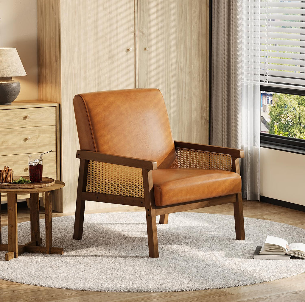 Boucle Fabric Accent Chair with Rattan Sides, Modern Living Room Armchair High Back Upholstered Reading Chair with Wide Arm, Fabric Lounge Single Sofa for Bedroom Guest Room