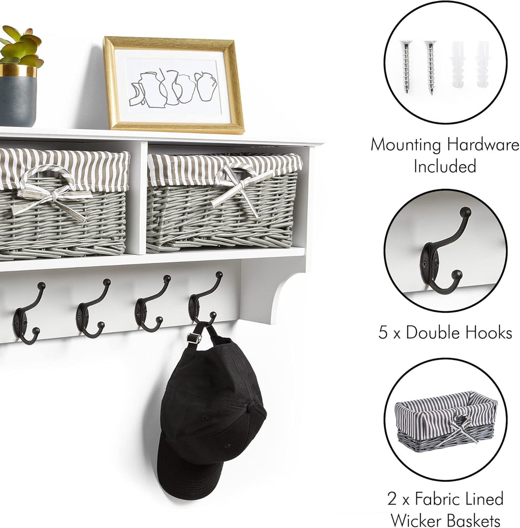 VonHaus Coat Hooks Wall Mounted - White Coat Rack Shelf w/ 2 Grey Wicker Storage Baskets & 5 Strong Double Clothes Hooks - Hallway Organiser w/Shelving for Hall & Entryway - for Scarves, Bags