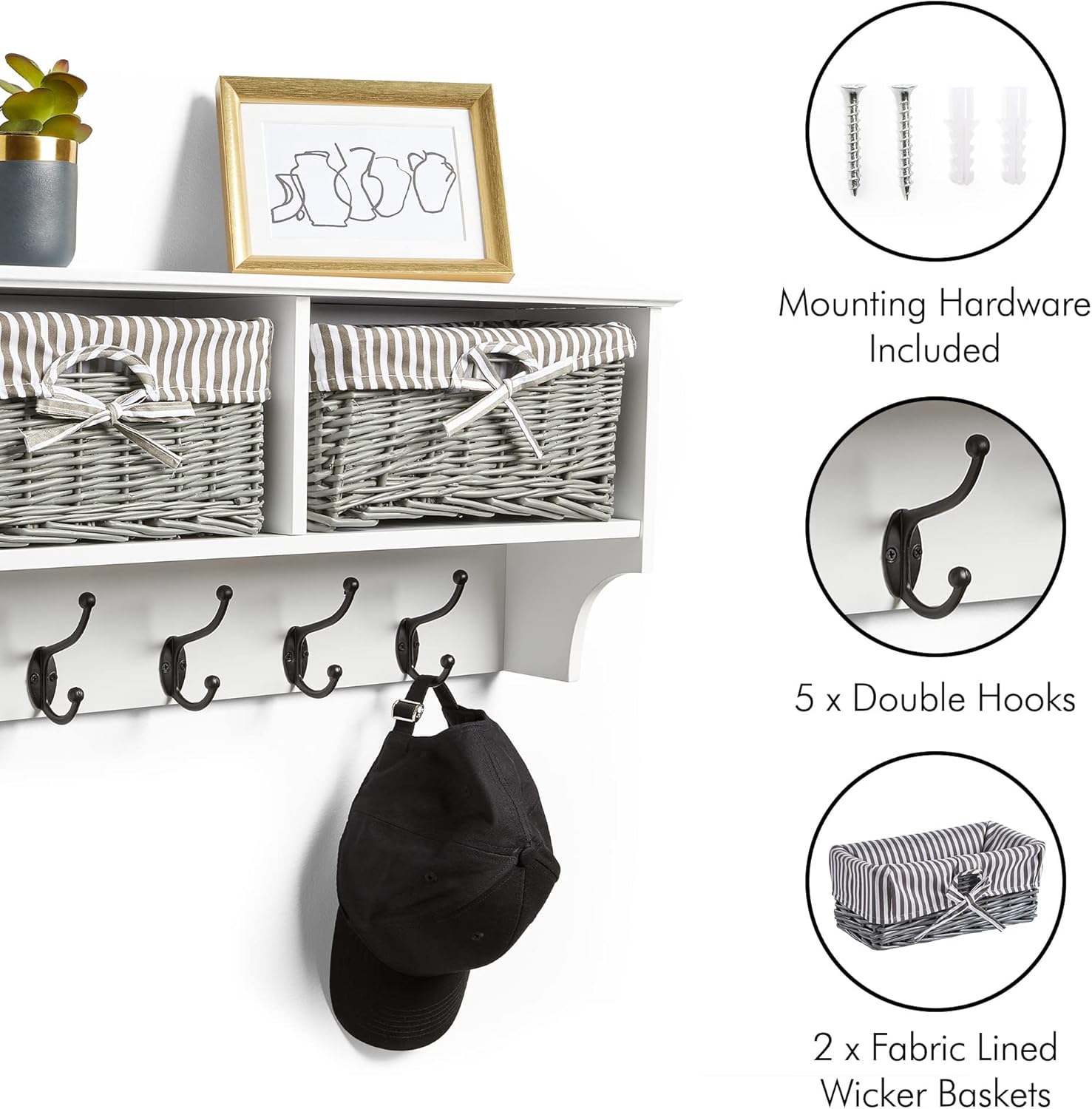 VonHaus Coat Hooks Wall Mounted - White Coat Rack Shelf w/ 2 Grey Wicker Storage Baskets & 5 Strong Double Clothes Hooks - Hallway Organiser w/Shelving for Hall & Entryway - for Scarves, Bags