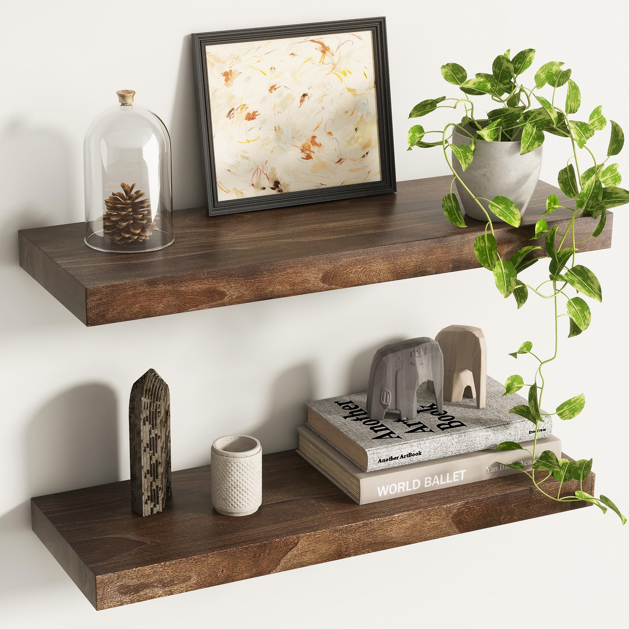Live Edge Floating Shelves for Wall Decor, Solid Elm Wood Floating Shelves Wall Mounted, Rustic Wall Shelves with Invisible Bracket for Living Room Bathroom Bedroom Kitchen, 24 Inch Set of 2, Natural