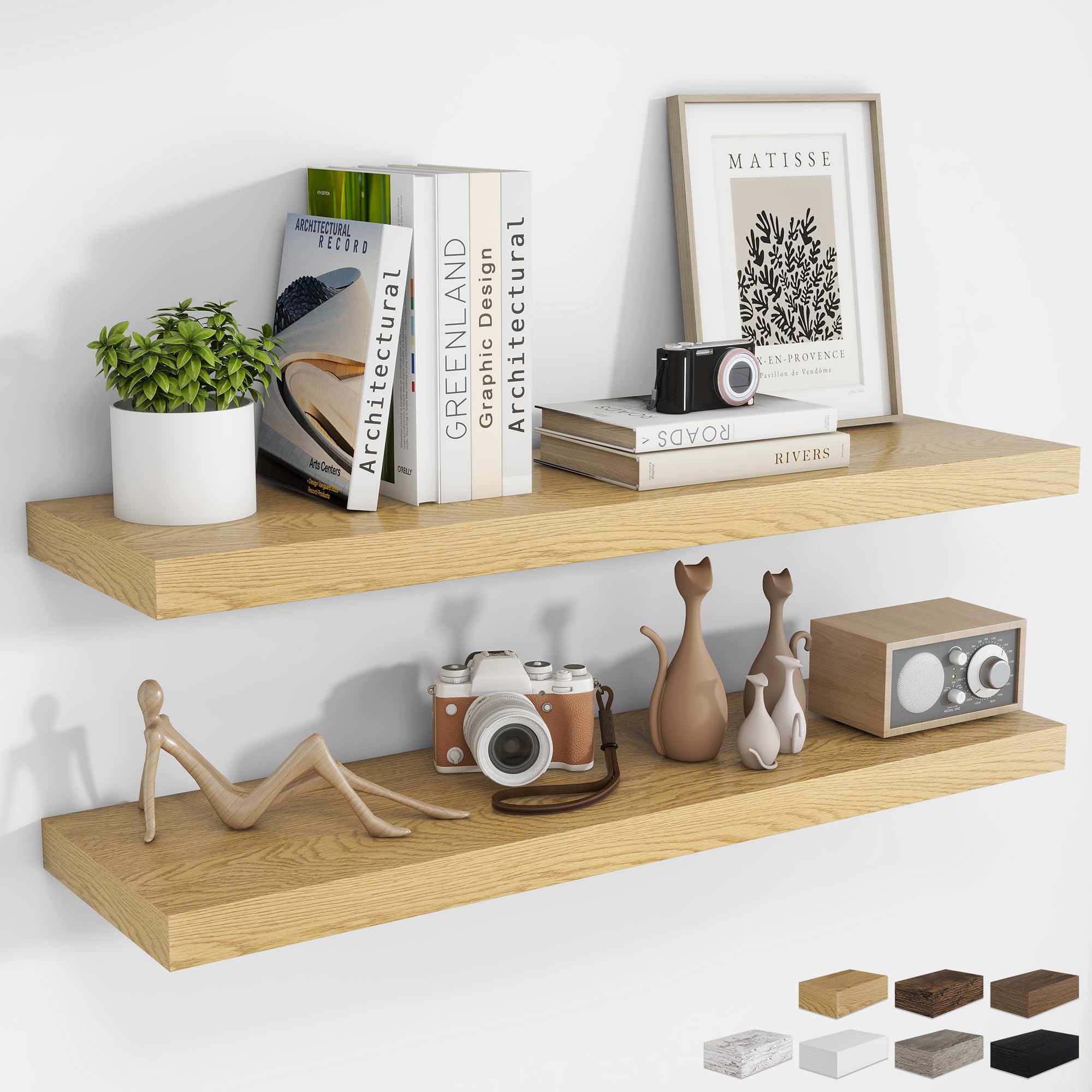 RICHFOCUS 24Inch Floating Shelves for Wall 2 Pack Shelves for Bedroom|Kitchen|Bathroom Wall Mounted Rustic Wood Floating Shelf with Invisible Brackets for Books|Storage|Decor, Oak