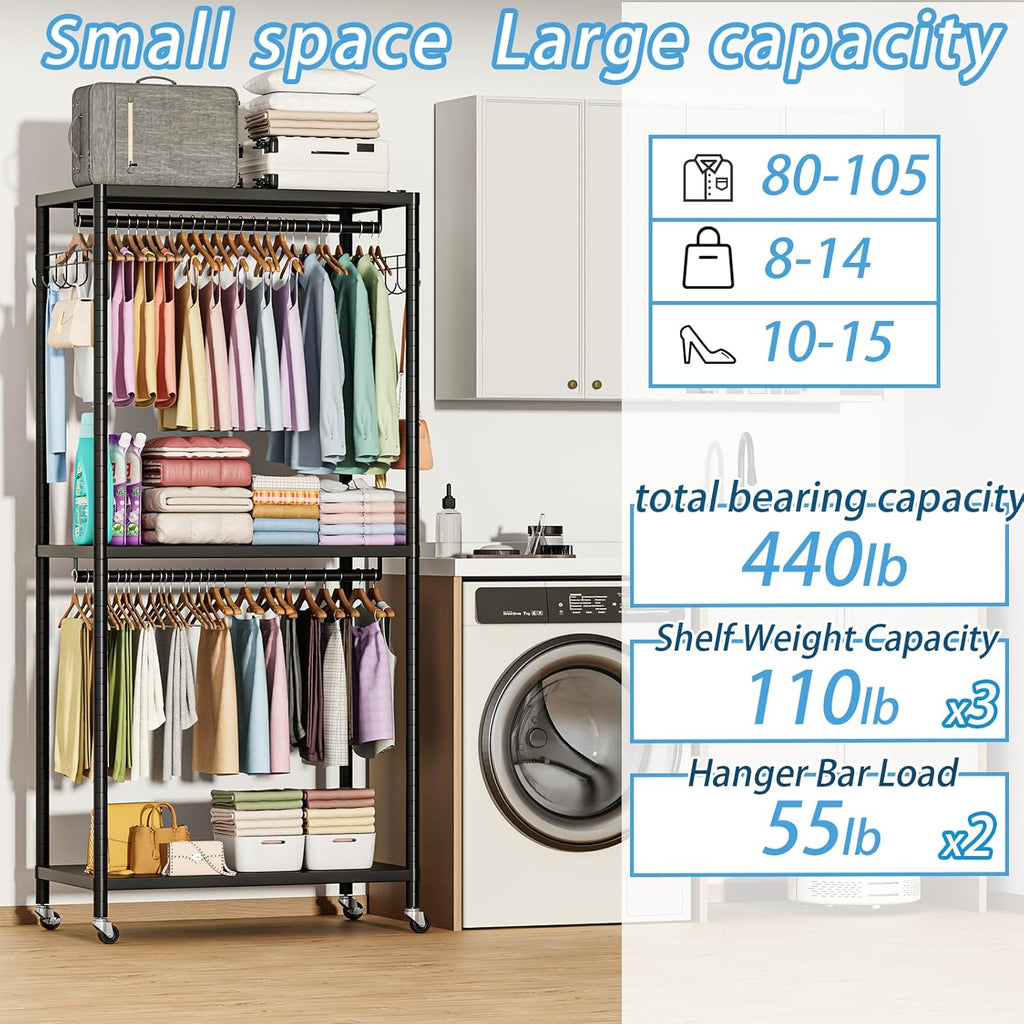 Black 2-Tier Heavy Duty Clothes Rack, 200cm with Adjustable Shelves, Double Rods & Side Hooks, 440lbs Load Capacity