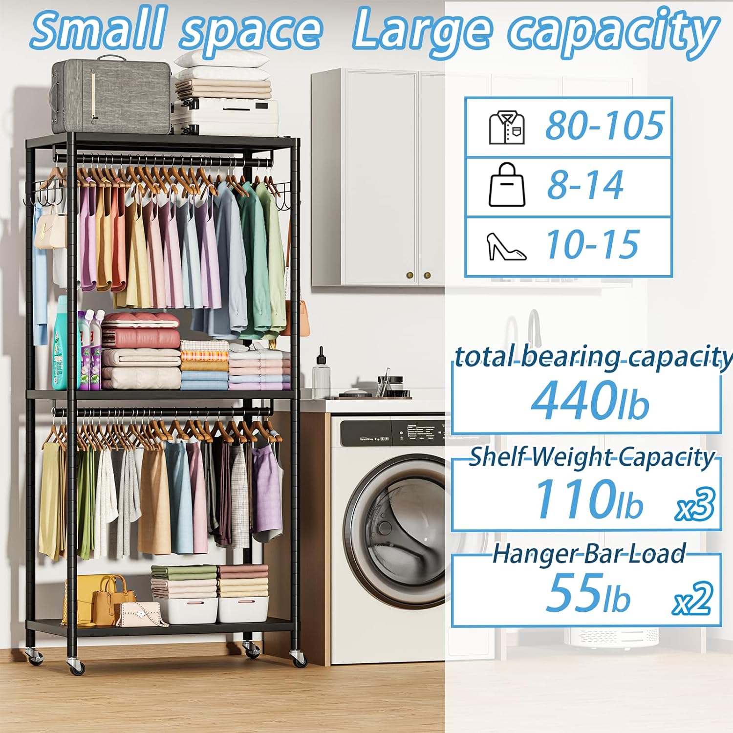 Black 2-Tier Heavy Duty Clothes Rack, 200cm with Adjustable Shelves, Double Rods & Side Hooks, 440lbs Load Capacity