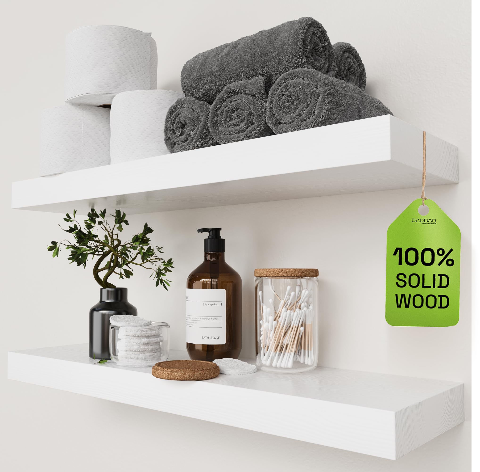 BAOBAB WORKSHOP Wood Floating Shelves for Wall Mounted, 16 inch Walnut Floating Shelf for Bathroom, Solid Wooden Wall Shelves for Kitchen Bedroom Farmhouse, Walnut Finish, 16 x 6.7, Set of 2