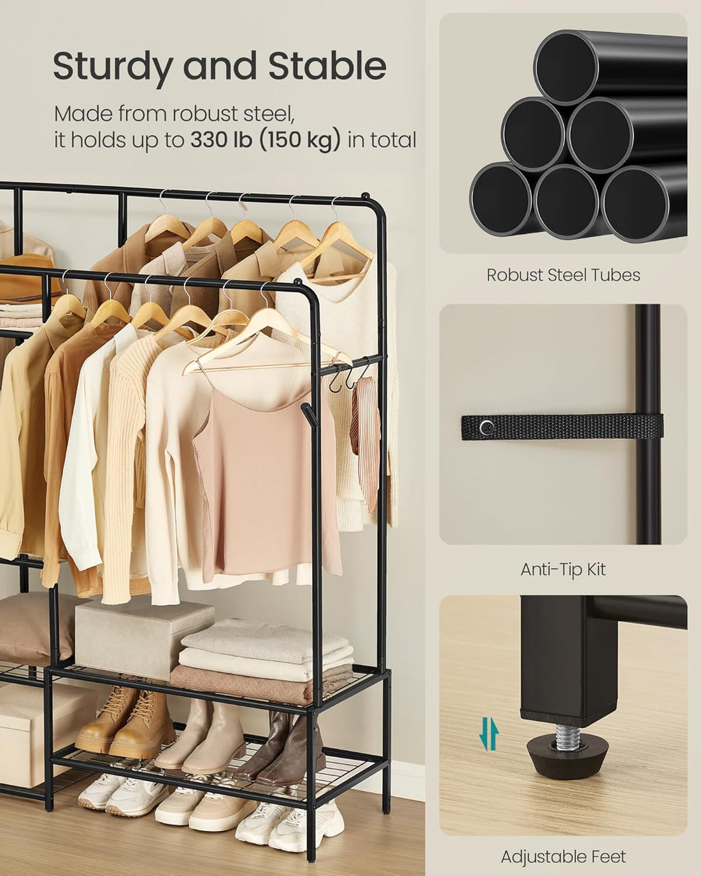 SONGMICS Clothes Rail, Heavy Duty Clothes Rack with 7 Storage Shelves, Double Hanging Rods, Metal Coat Rack, Open Wardrobe for Bedroom, Living Room, Hallway, Black HSR182B01