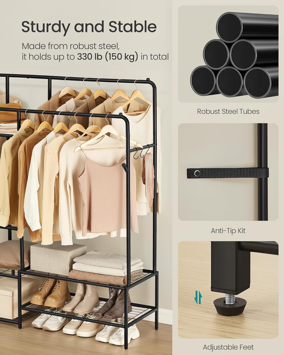 SONGMICS Clothes Rail, Heavy Duty Clothes Rack with 7 Storage Shelves, Double Hanging Rods, Metal Coat Rack, Open Wardrobe for Bedroom, Living Room, Hallway, Black HSR182B01