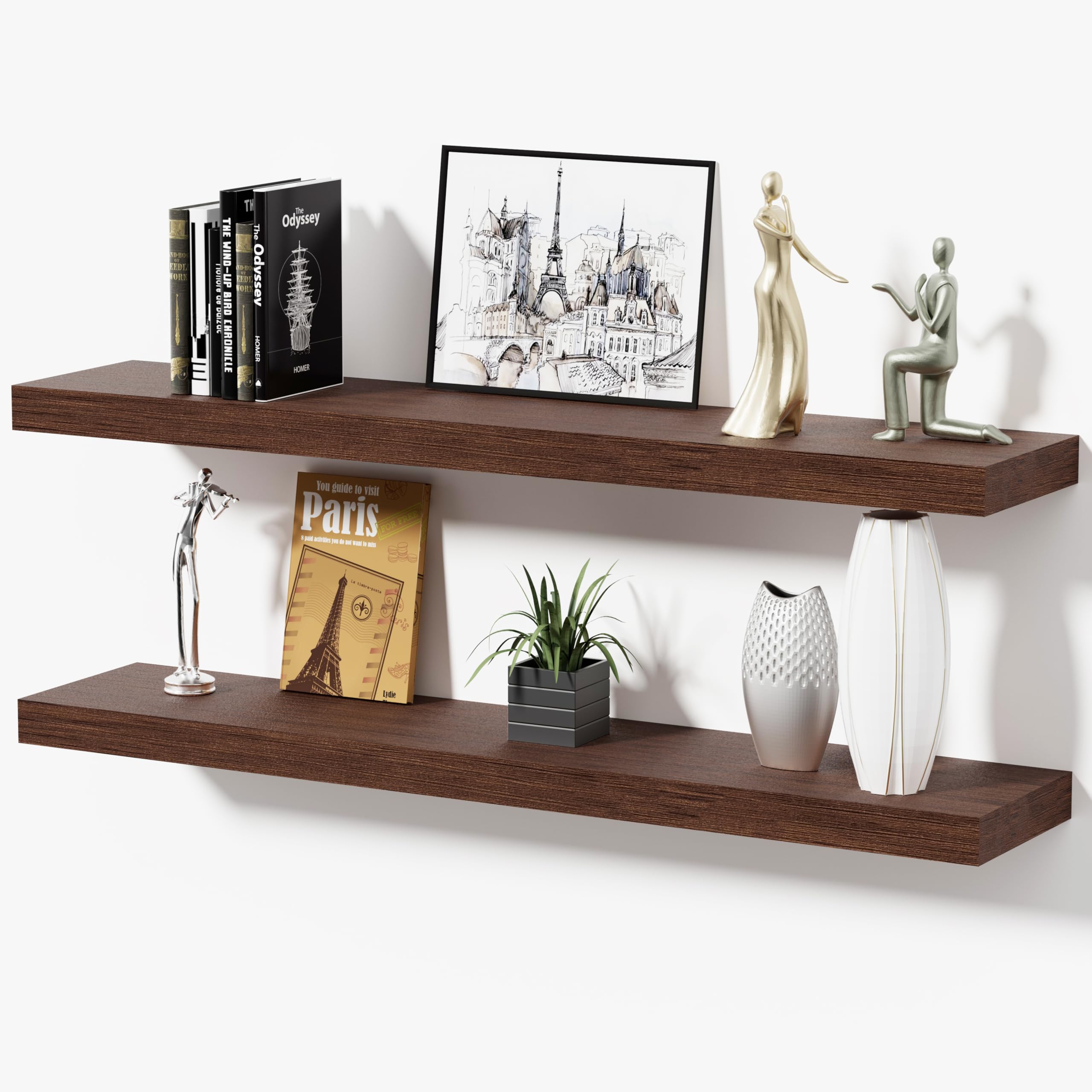 Oak Floating Shelves for Bathroom & Living Room Decor, 24 Inch Rustic Wood Wall Mounted Shelves for Plants, Books, Towels & Storage Display, Set of 2