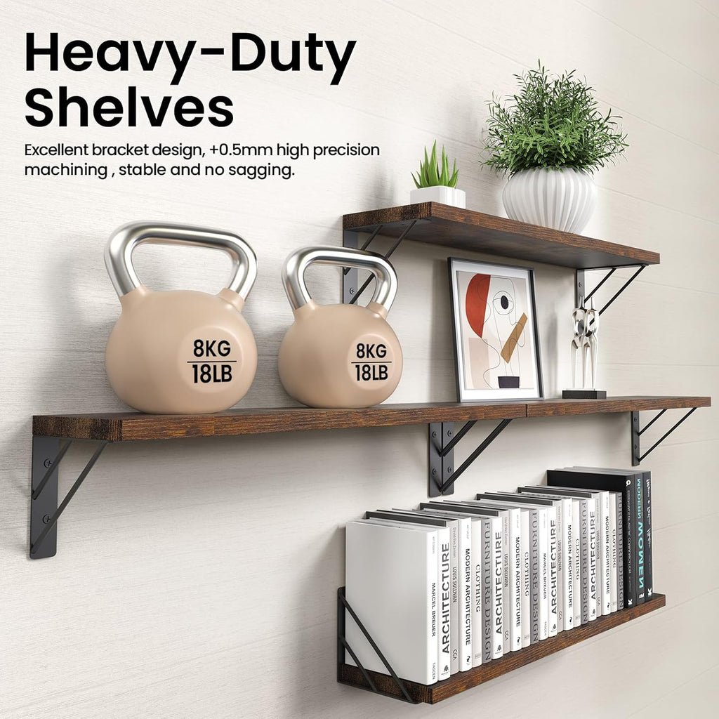 23in Rustic Brown Floating Shelves, Set of 4 Wall Mount Wood Shelves for Bedroom Bathroom Kitchen