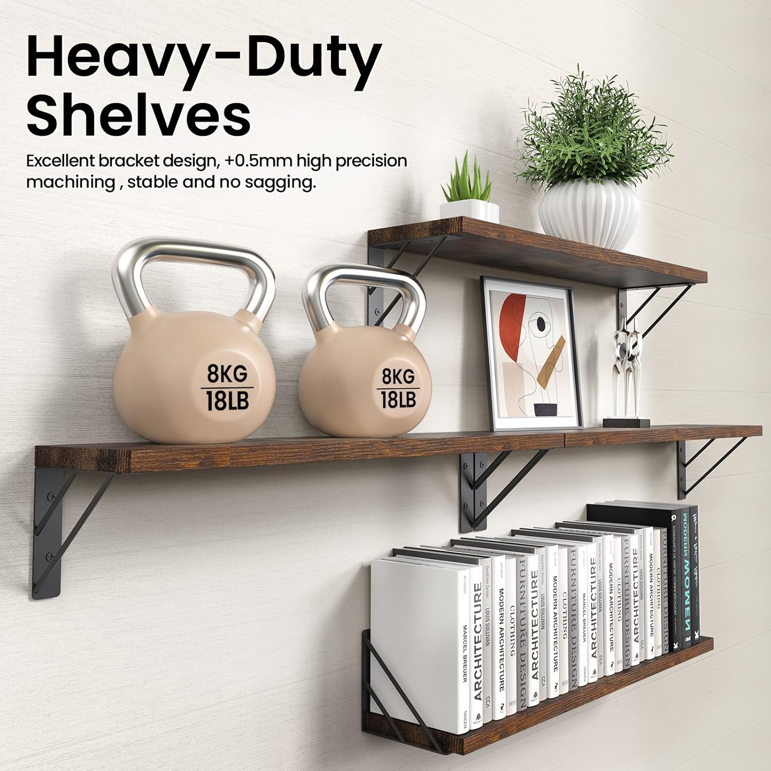 23in Rustic Brown Floating Shelves, Set of 4 Wall Mount Wood Shelves for Bedroom Bathroom Kitchen