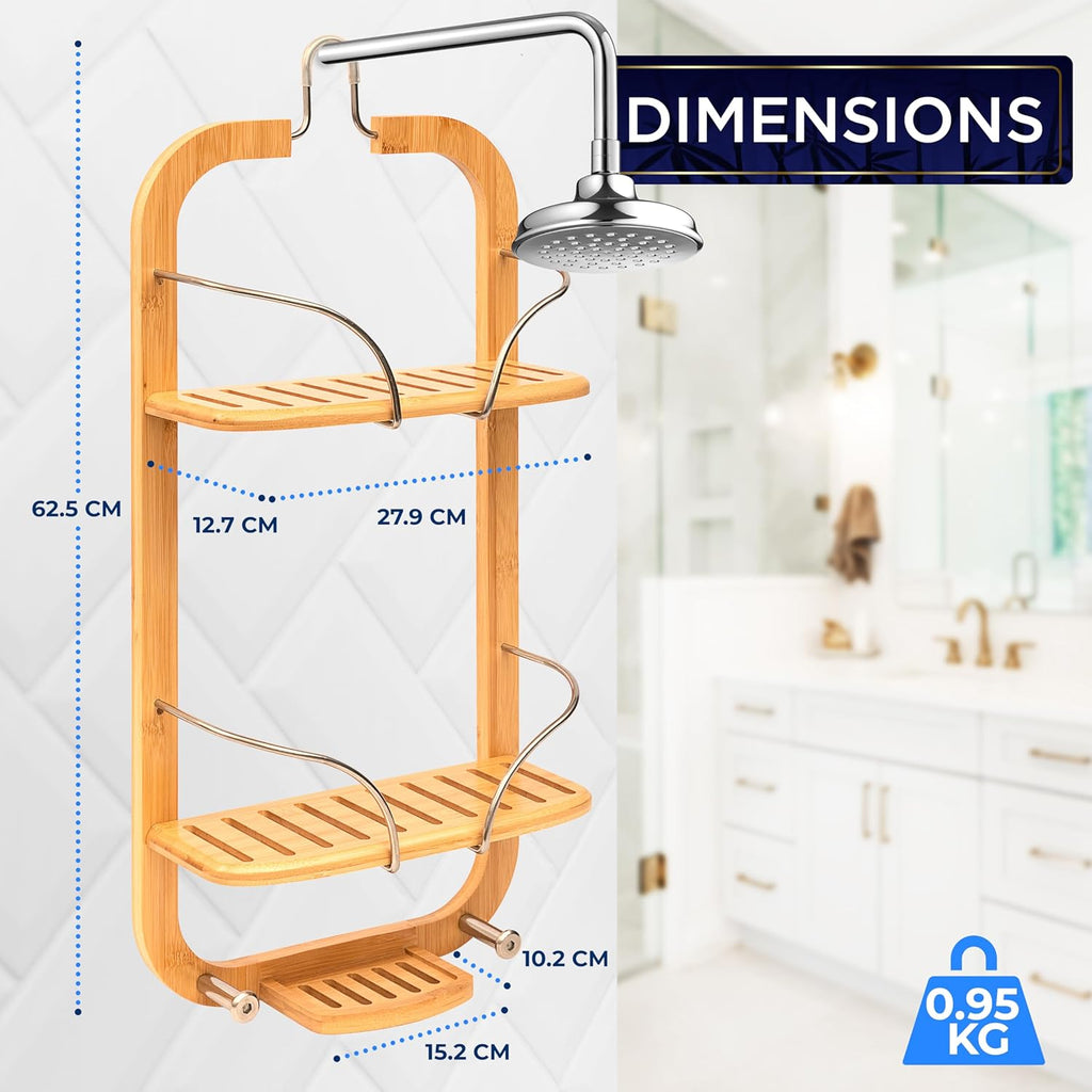 SereneLife Bamboo Hanging Shower Caddy with 3 Tiers, Anti-Slip Design, Bathroom Storage Organizer for Shampoo, Soaps, and Essentials - Space-Saving and Easy to Clean
