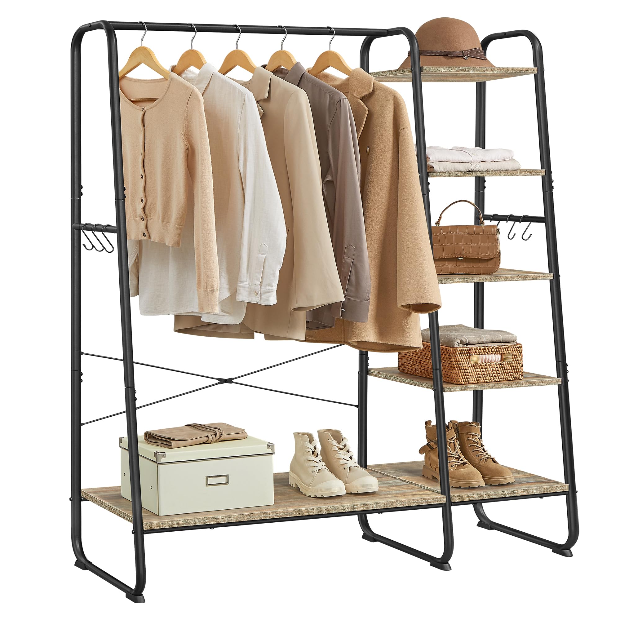 VASAGLE Clothes Rail, Clothes Rack with Shoe Shelf, 5-Tier Storage Rack, 6 Side Hooks, for Bedroom, Living Room, Natural Oak and White RGR116W09