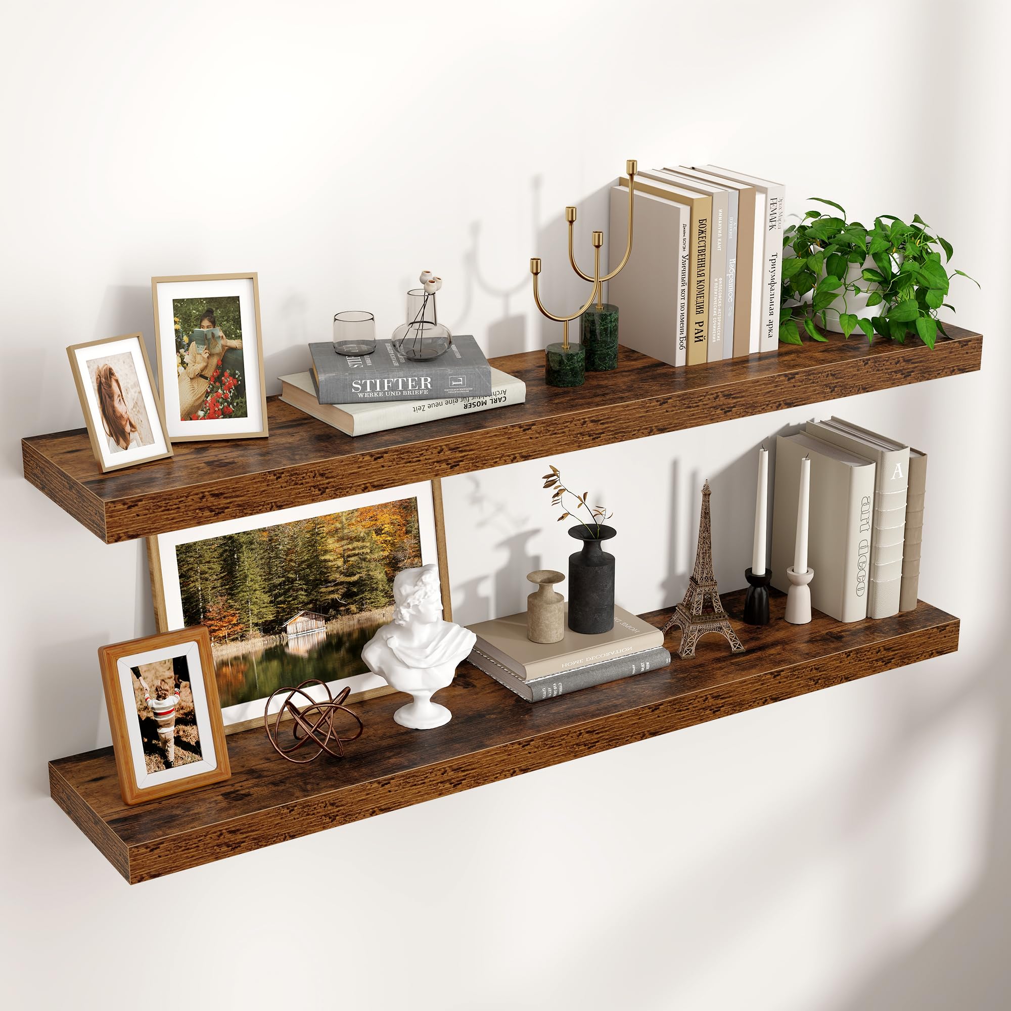 Venusmiles Floating Shelves for Wall 24 inch Long, Engineered Wood Wall Shelves with Invisible Brackets for Living Room Bedroom Bathroom Office Kitchen Decor and Storage, Oak Finish, Set of 2