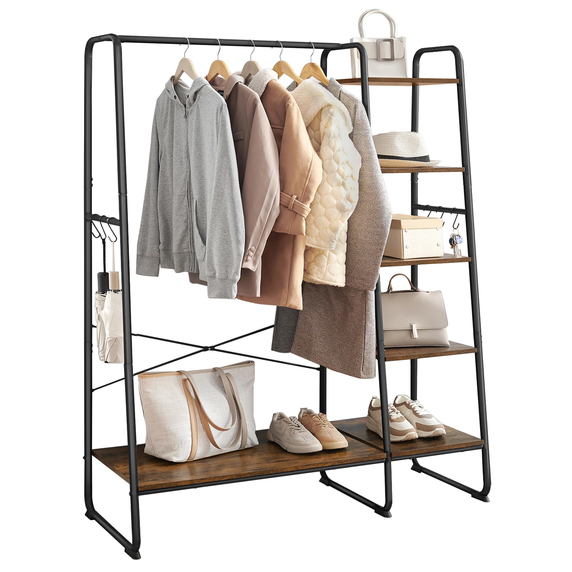 VASAGLE Clothes Rail, Clothes Rack with Shoe Shelf, 5-Tier Storage Rack, 6 Side Hooks, for Bedroom, Living Room, Natural Oak and White RGR116W09