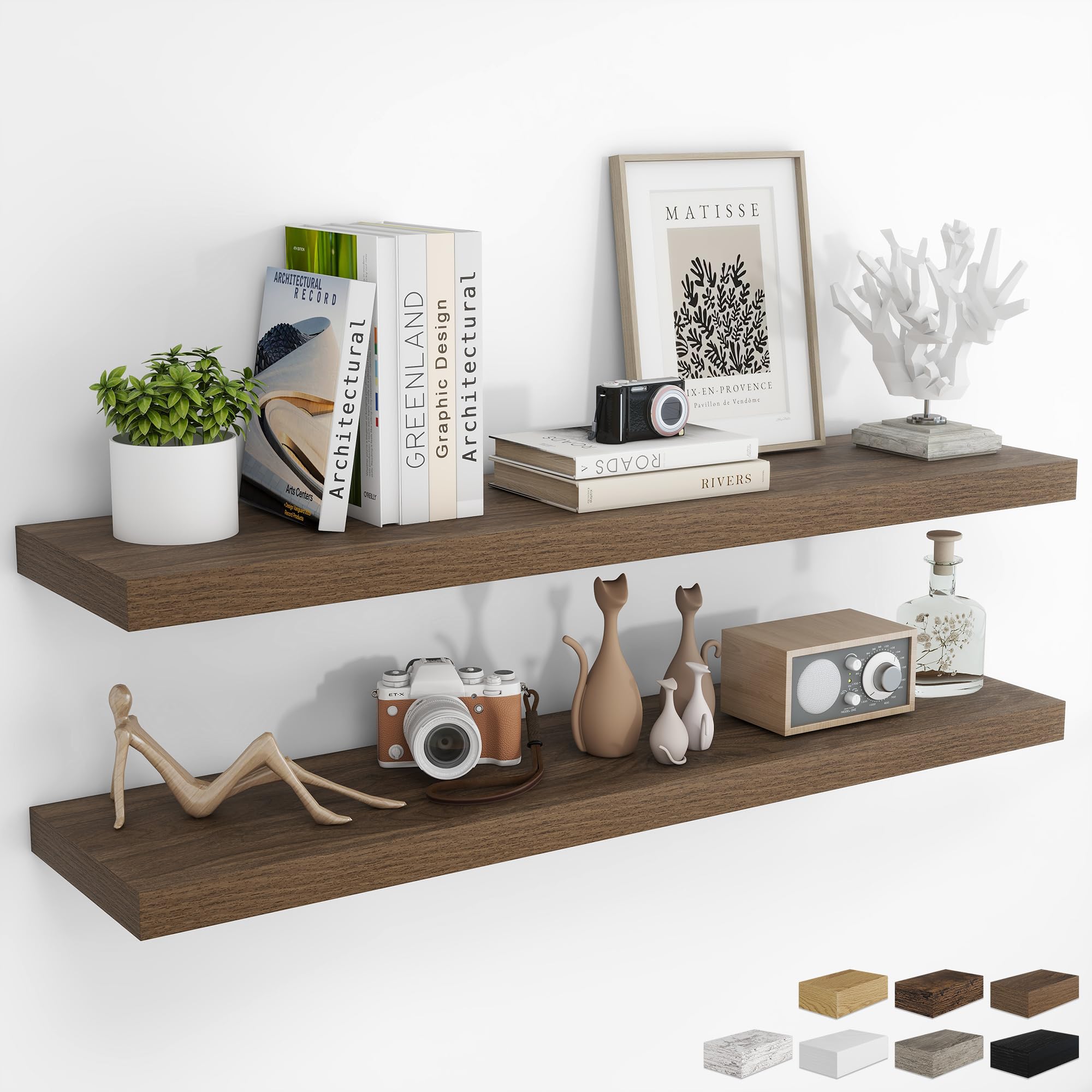 RICHFOCUS 24Inch Floating Shelves for Wall 2 Pack Shelves for Bedroom|Kitchen|Bathroom Wall Mounted Rustic Wood Floating Shelf with Invisible Brackets for Books|Storage|Decor, Oak